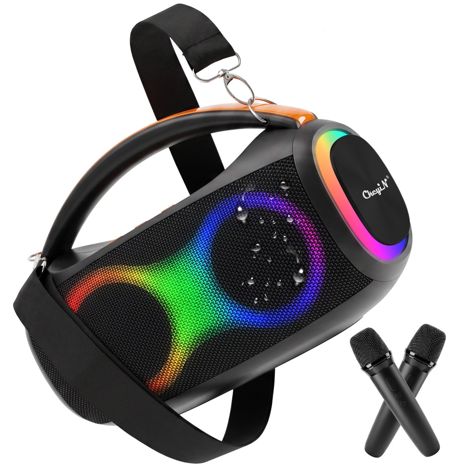 CkeyiN Portable Lautsprecher,mit 2 Mikrofonen,Tragbarer Lautsprecher Bluetooth-Lautsprecher RCA/TF/USB/AUX (Bluetooth 6.0, 60 W, 7200 mAh,mit abnehmbarem Schultergurt,für Zuhause/Party)