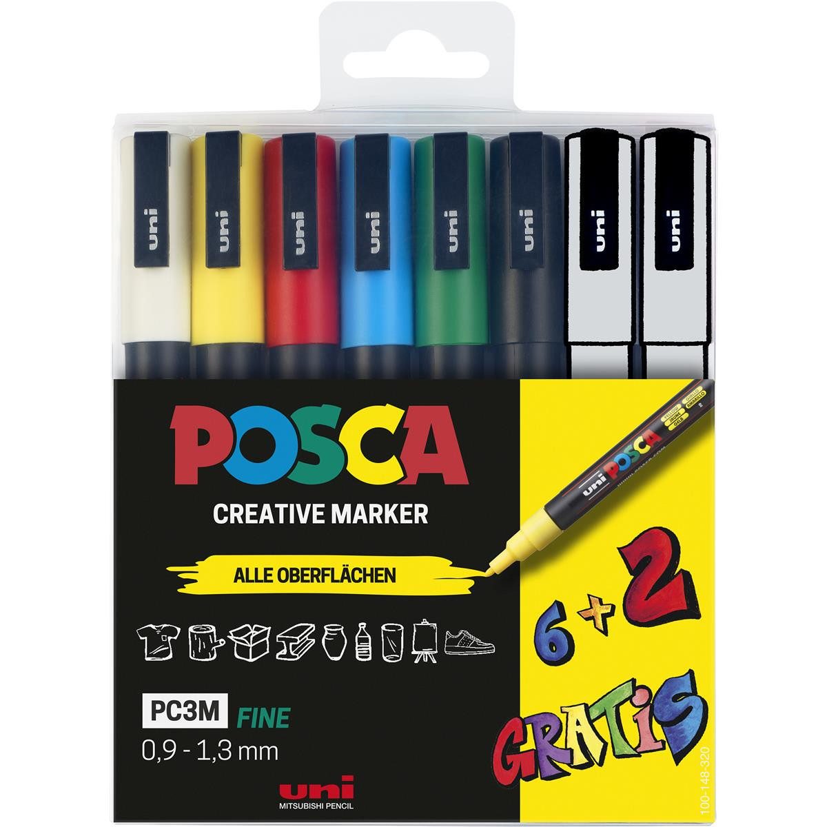 uni-ball Lackmarker uni-ball POSCA PC-3M Marker - 6+2 Set - sortiert