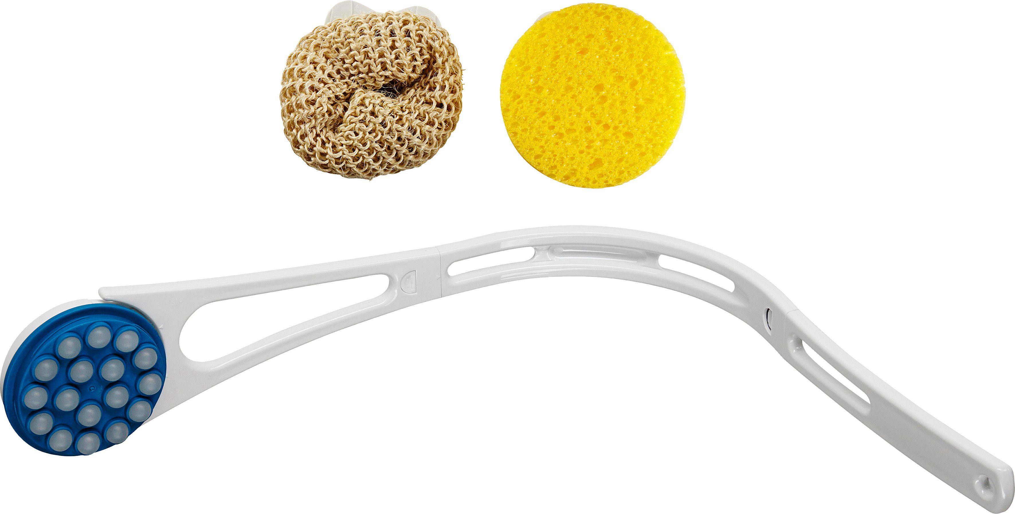 Hydas Rückencremer Set mit Creme-, Schwamm- und Sisalaufsatz: rundum gepflegte Haut, Set, 4-tlg., mit verschieden Aufsätzen, Für Bodylotion, Sonnencreme, Duschgel. Mit 4-fach teilbarem U-Griff