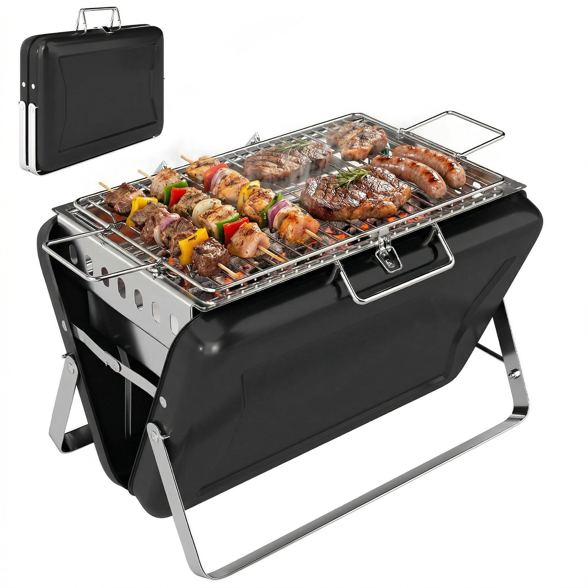 MC Star Holzkohlegrill Holzkohlegrill aus Edelstahl BBQ Smoker mit Grillrost Griff, klappbaren Beinen für Barbeque Camping 40x28x25,5cm Schwarz