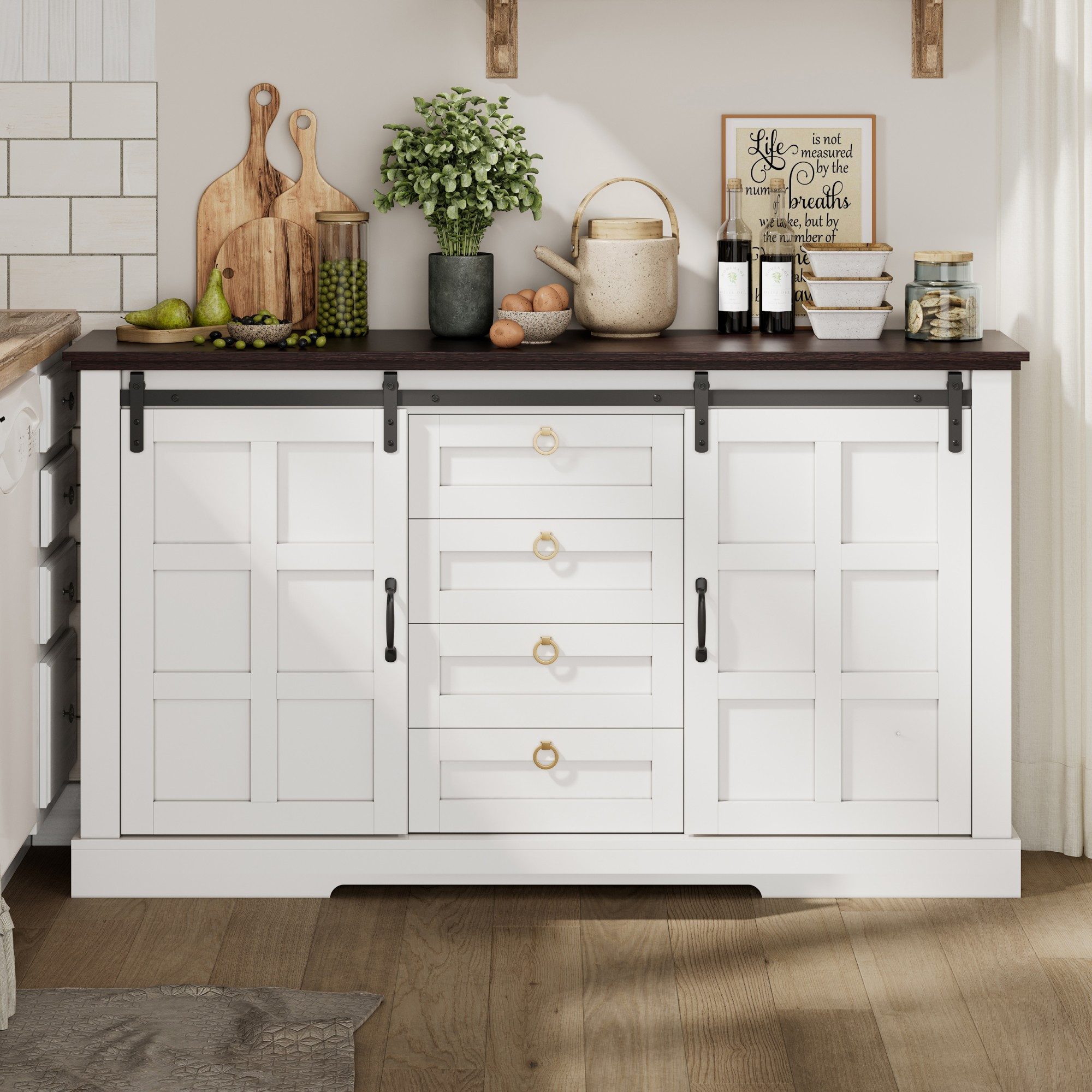 Flieks Kommode Sideboard mit Schubladen, Schiebetür & Walnussholzfarbe Arbeitsplatte (1 St., B150/T40/H85 cm), Mehrzweckschrank mit verstellbaren Einlegeböden Landhausstil, Weiß