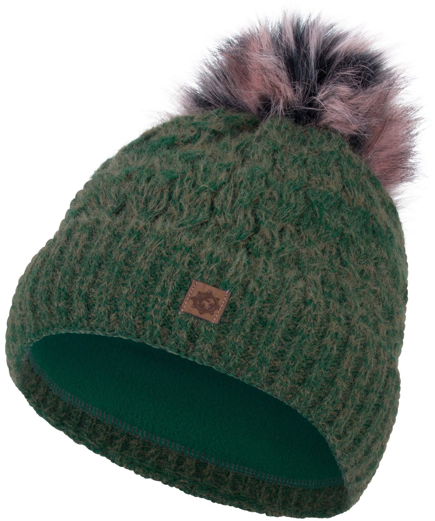 (1-St) Strick oliv Damen Beanie Bommelmütze Mütze Wintermütze Winter Strickmütze Fleecefutter compagno