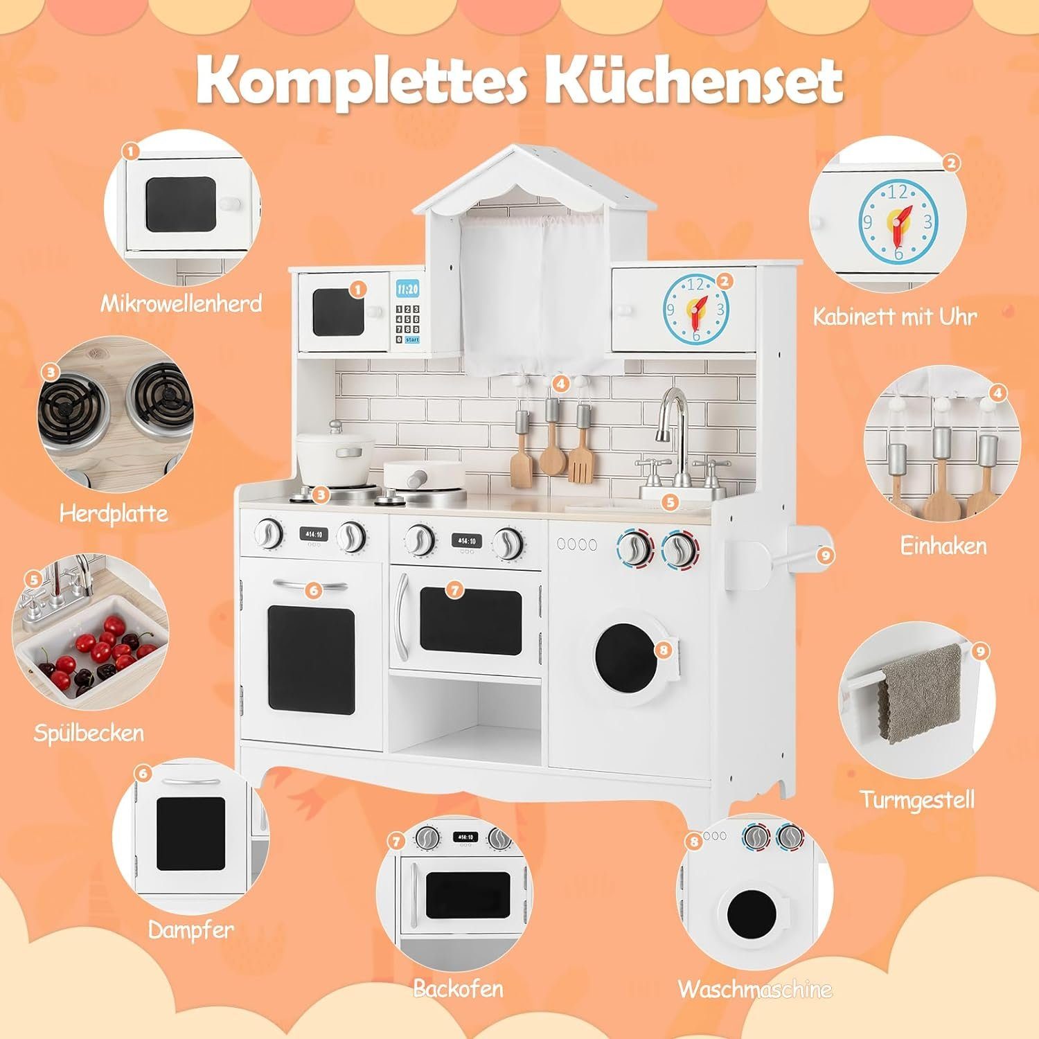 KOMFOTTEU Spielküche Kinderküche Holzwerkstoff, für Kinder inkl. Spielzubehör, 78 x 29 x 93cm