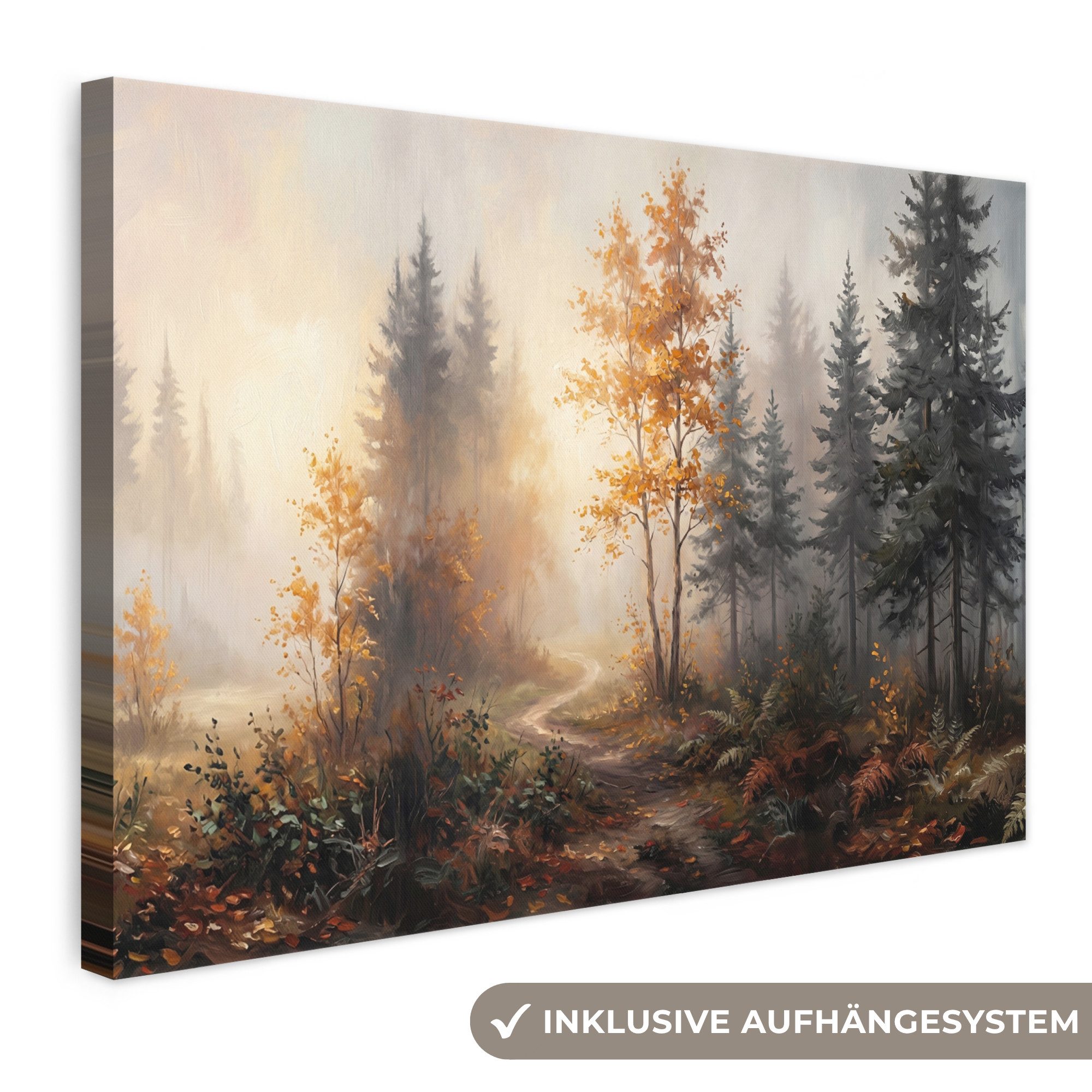 OneMillionCanvasses® Leinwandbild Waldweg - Herbstlaub - Natur - Landschaft - Orange, Fotodruck (1 St), Leinwand Bilder Klein, Wand Dekoration Aesthetic 30x20 cm