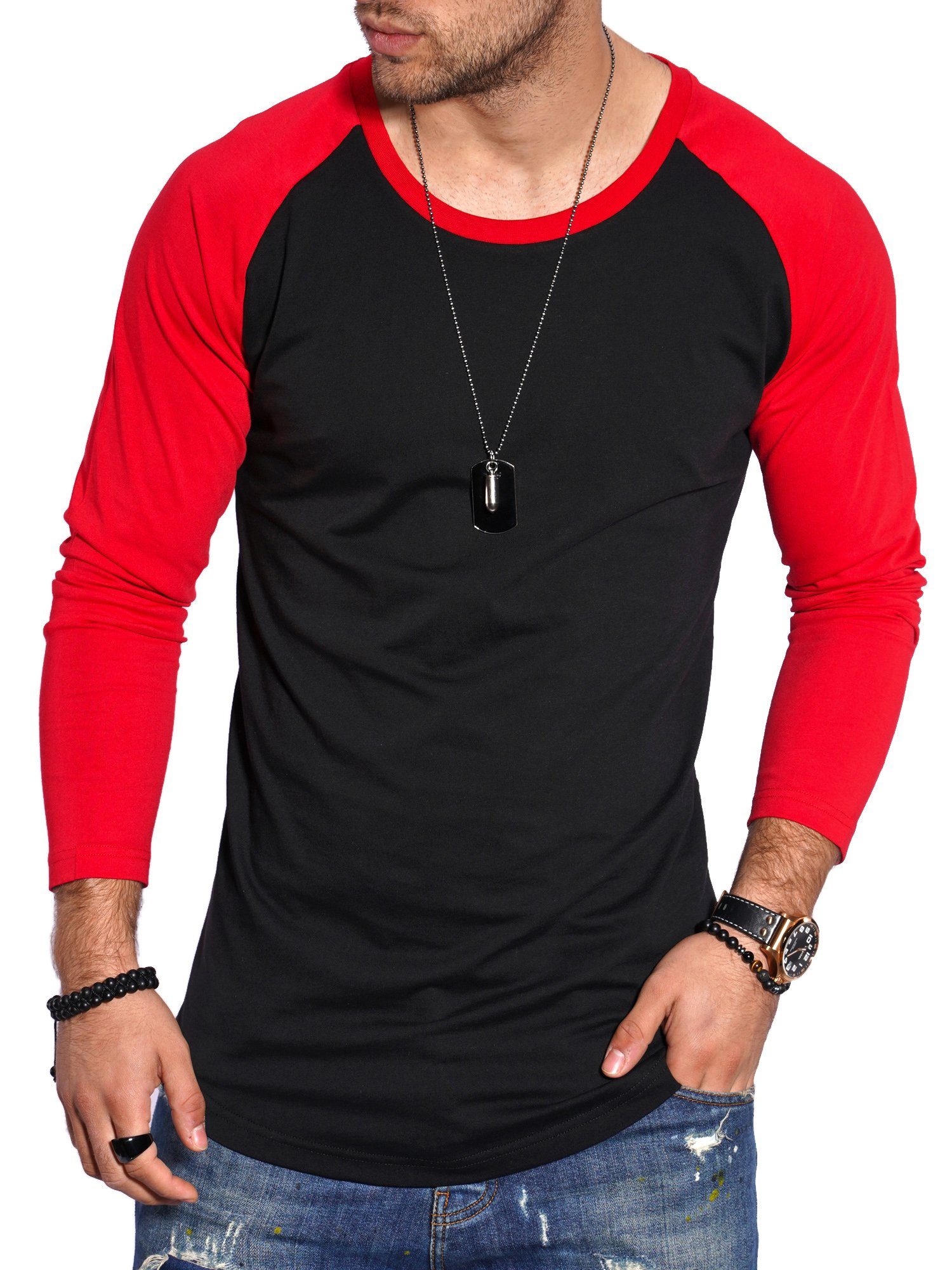 Style-Division Longsleeve SDGLENDALE Basic Shirt im Raglan-Stil Schwarz-Rot