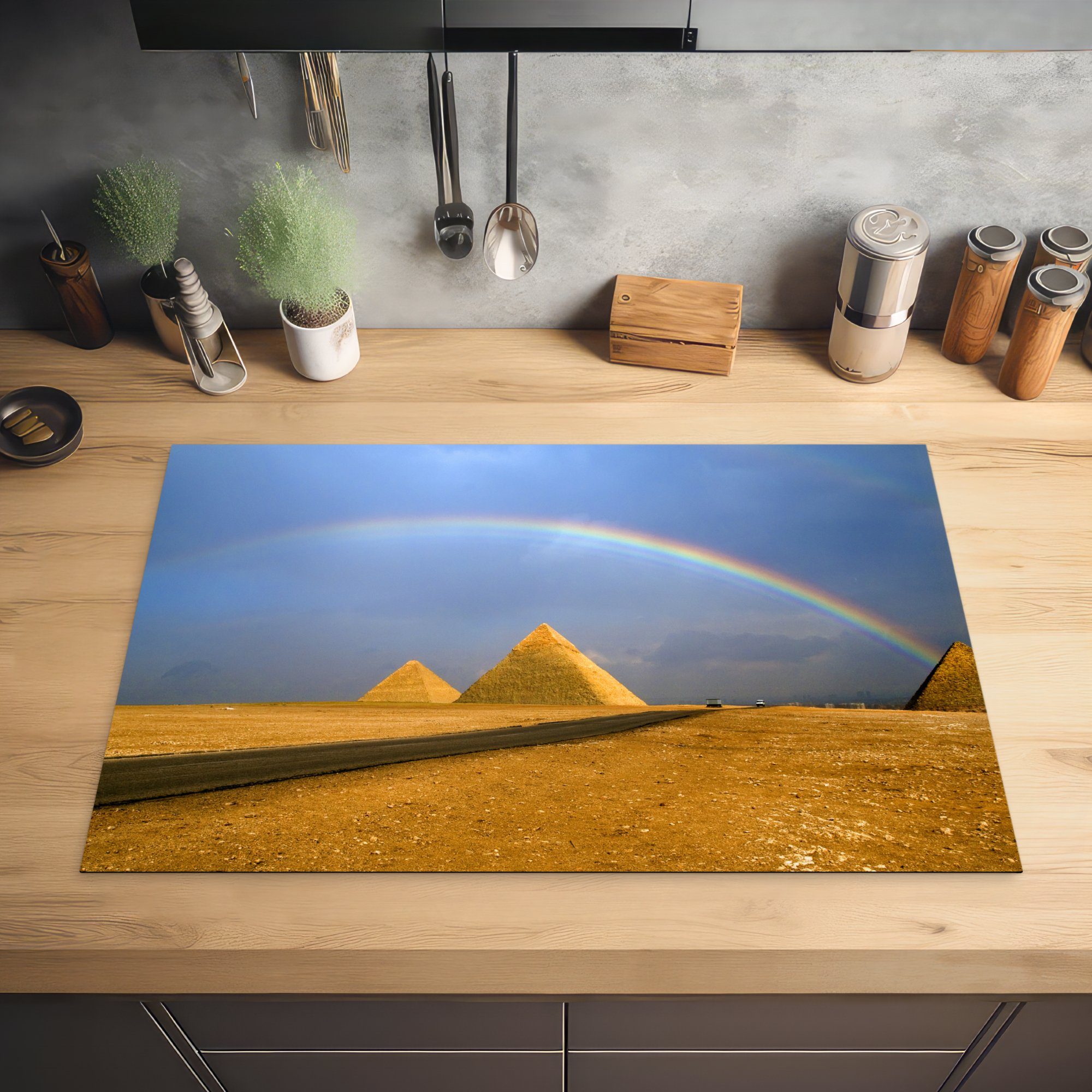 Ägypten, Induktionskochfeld Schutz Regenbogen tlg), 81x52 für cm, Pyramiden Herdblende-/Abdeckplatte (1 in Ceranfeldabdeckung über küche, die Vinyl, den MuchoWow