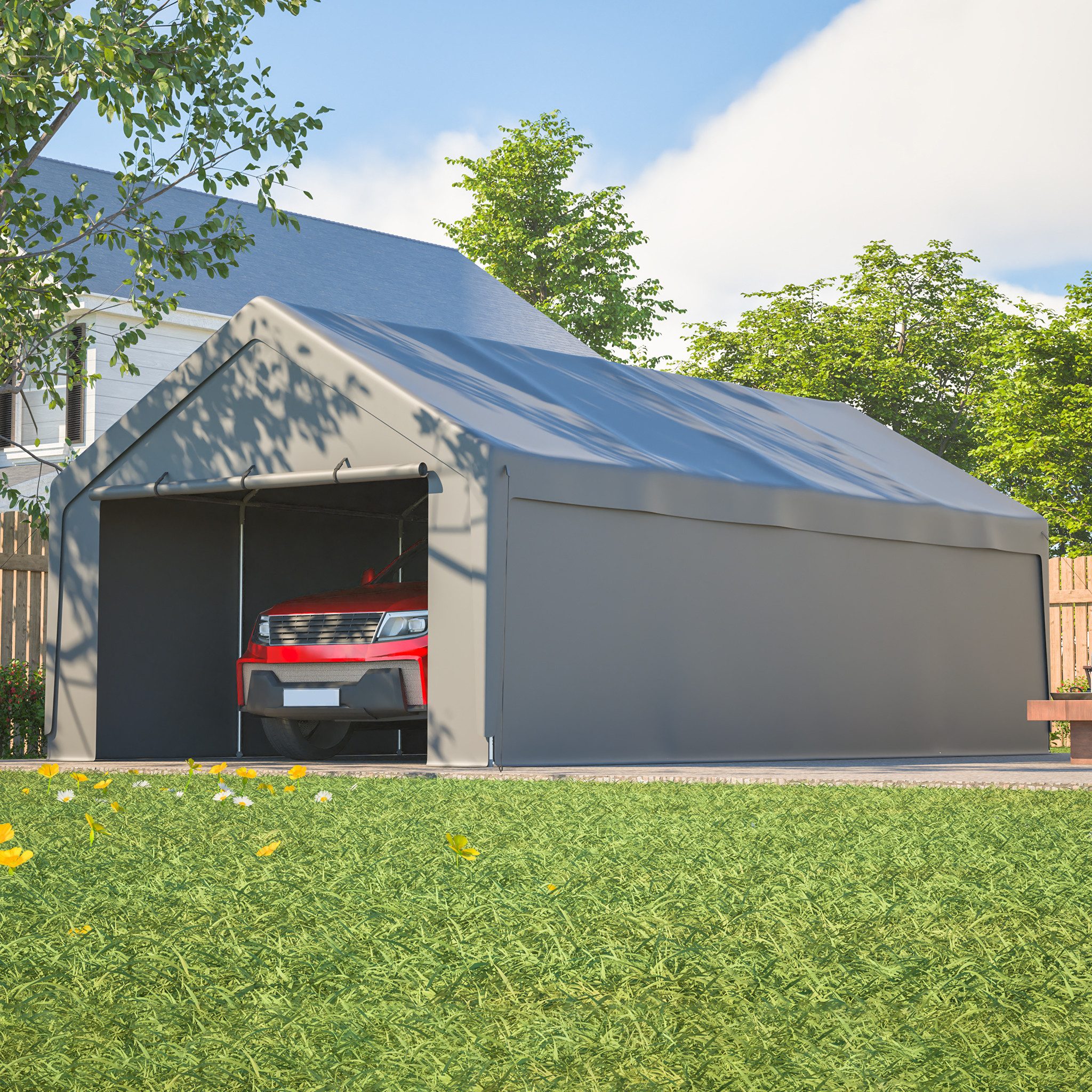 CHICFURN Einzelcarport Carport Garage Zelt mit Fenster und Schutzabdeckung, BxT: 400x765 cm, 192 cm Einfahrtshöhe, (Packung, 1 St), 4 x 7,65 m, Grau, mit abnehmbaren Seitenwänden und Dach