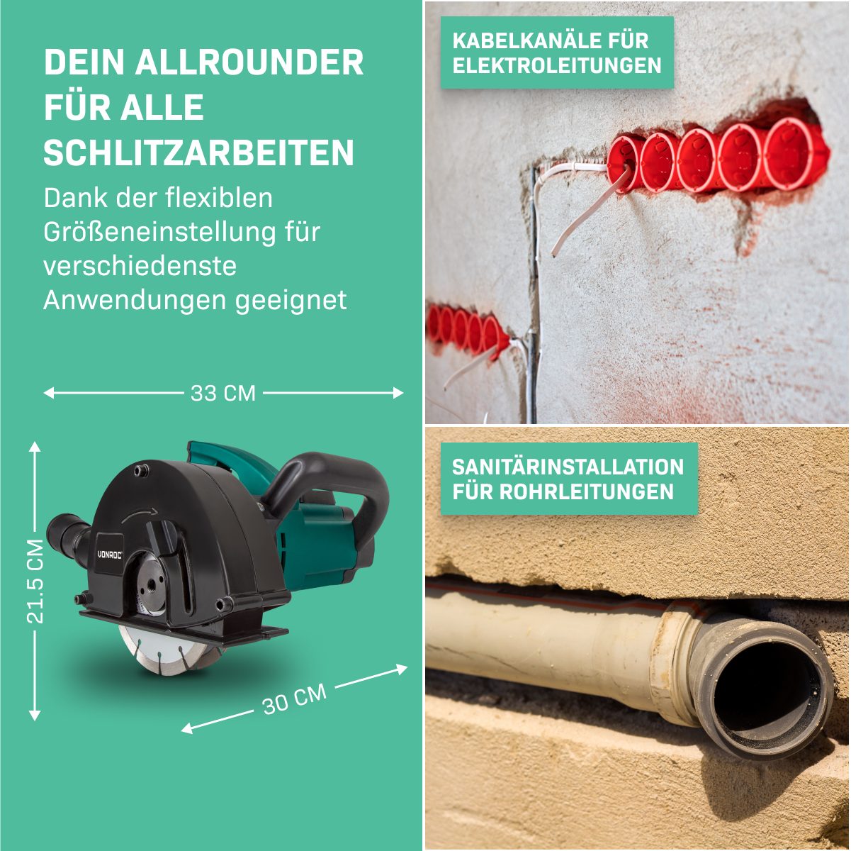 VONROC Mauernutfräse Schlitzfräse mit Absaugung für Kabelnut 14/19/29mm, (Set, 2-tlg., inklusive Diamantscheiben), Schlitzmaschine 150mm mit Schnittiefe [4-40mm – Bild 4 von 5