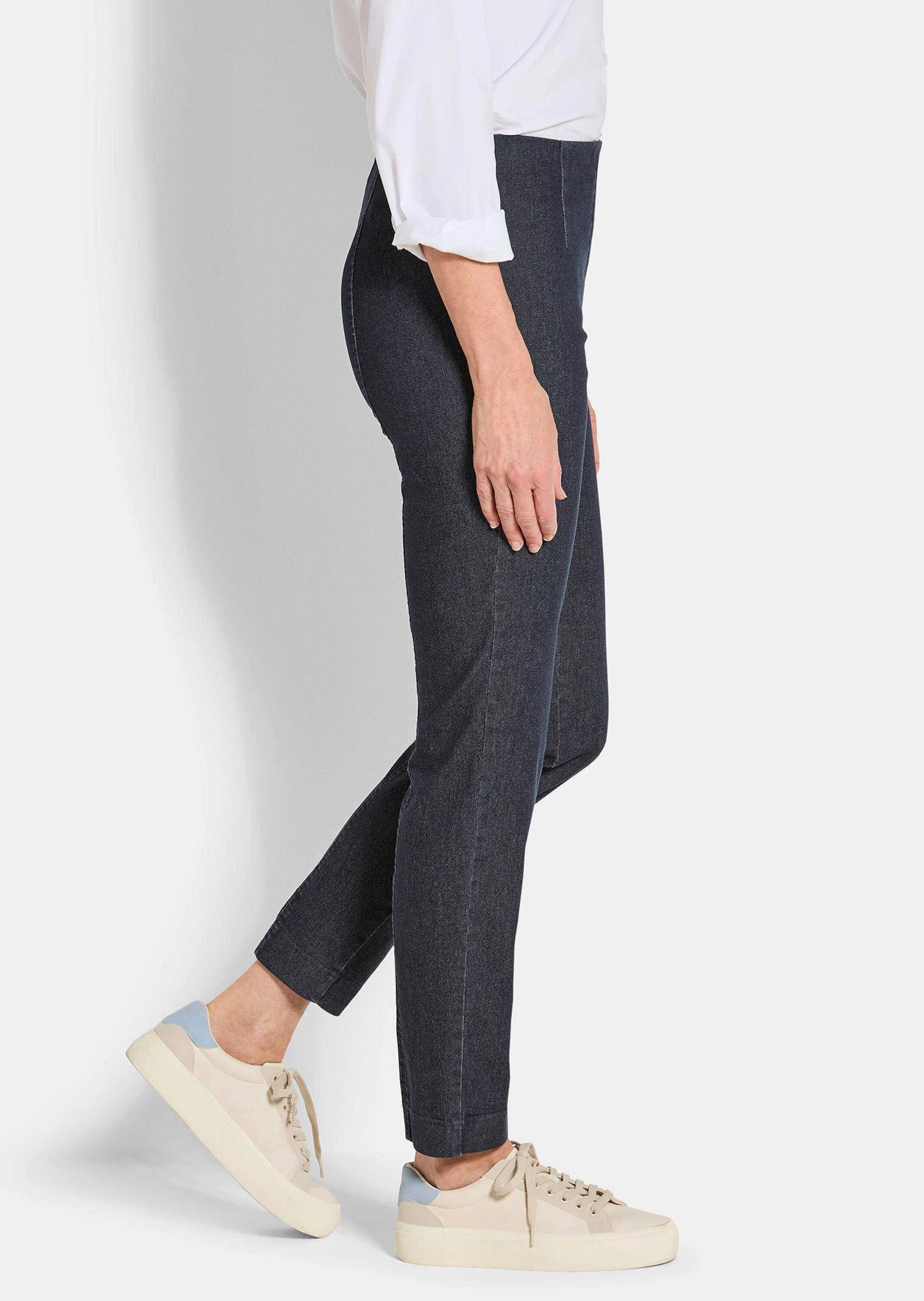 GOLDNER Stoffhose Jerseyhose mit Schlupfbund Stoffhose mit Reißverschluss-Optik und Knöchellänge