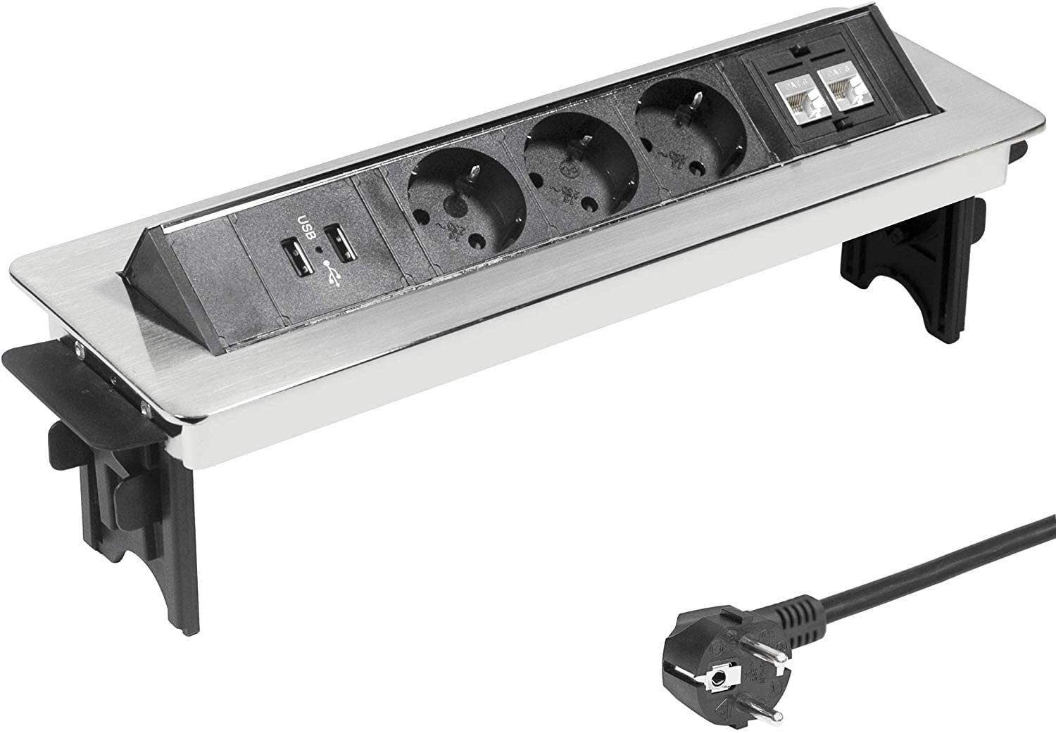 Elbe Inno EL4703URM Einbau-Tischsteckdosenleiste 3-fach (USB-Anschlüsse, Überspannungsschutz, Kindersicherung), 3 Fach, 2 USB, 2 RJ45 | Steckdosenleisten