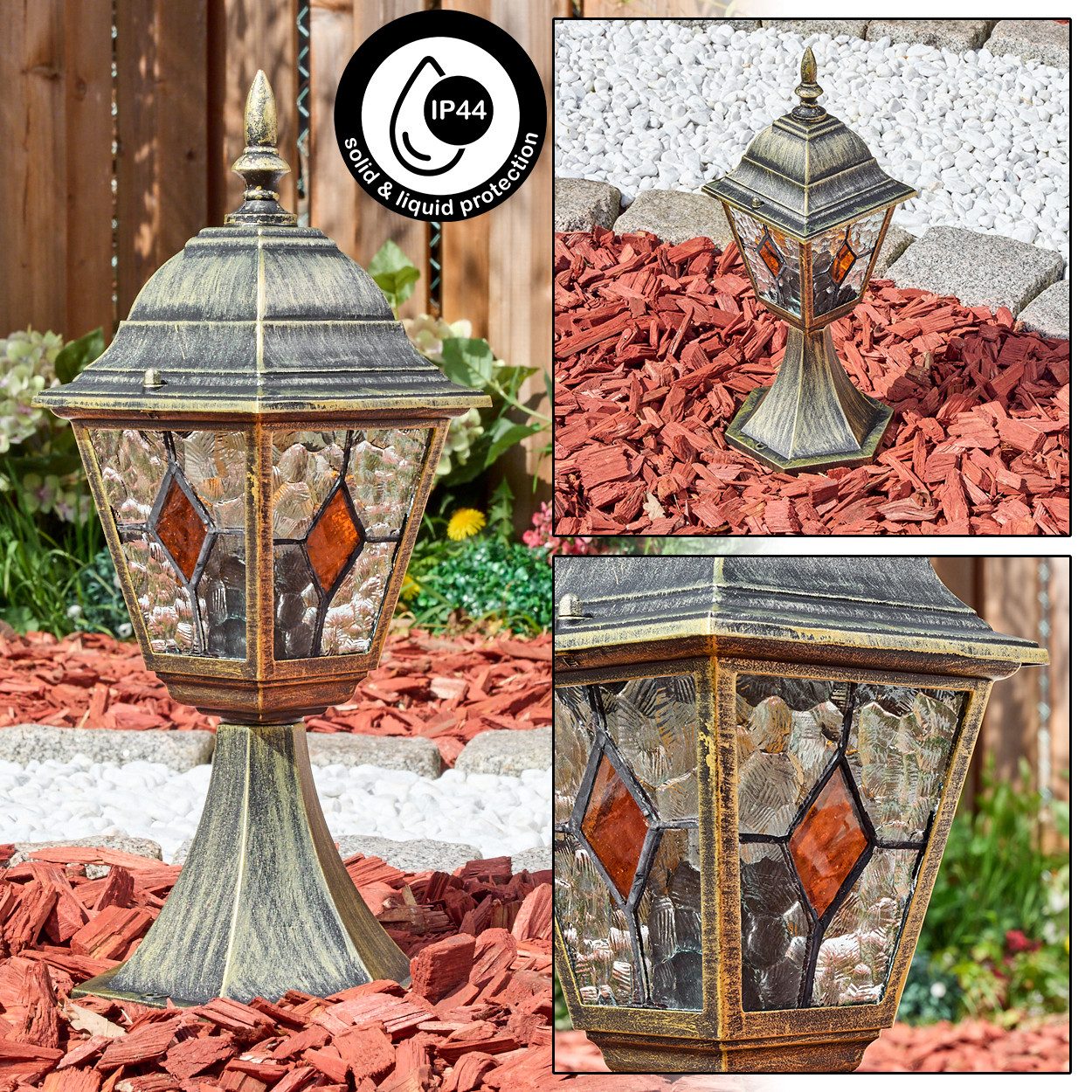 hofstein Pollerleuchte Außenwegeleuchte aus Metall/Glas in Gold/Braun/Klar/Orange, Wegelampe im Antik/Landhaus/Vintage-Design, Höhe 40 cm, E27, IP44