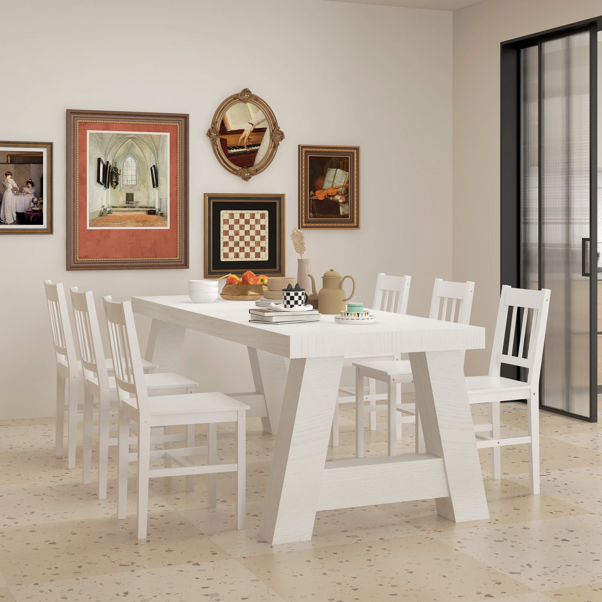 HOMCOM Esszimmerstuhl Essstuhl mit Rückenlehne (Küchenstuhl, 6 St), für Küche, Esszimmer, Kiefernholz, Weiß, 41 x 46,5 x 85,5 cm