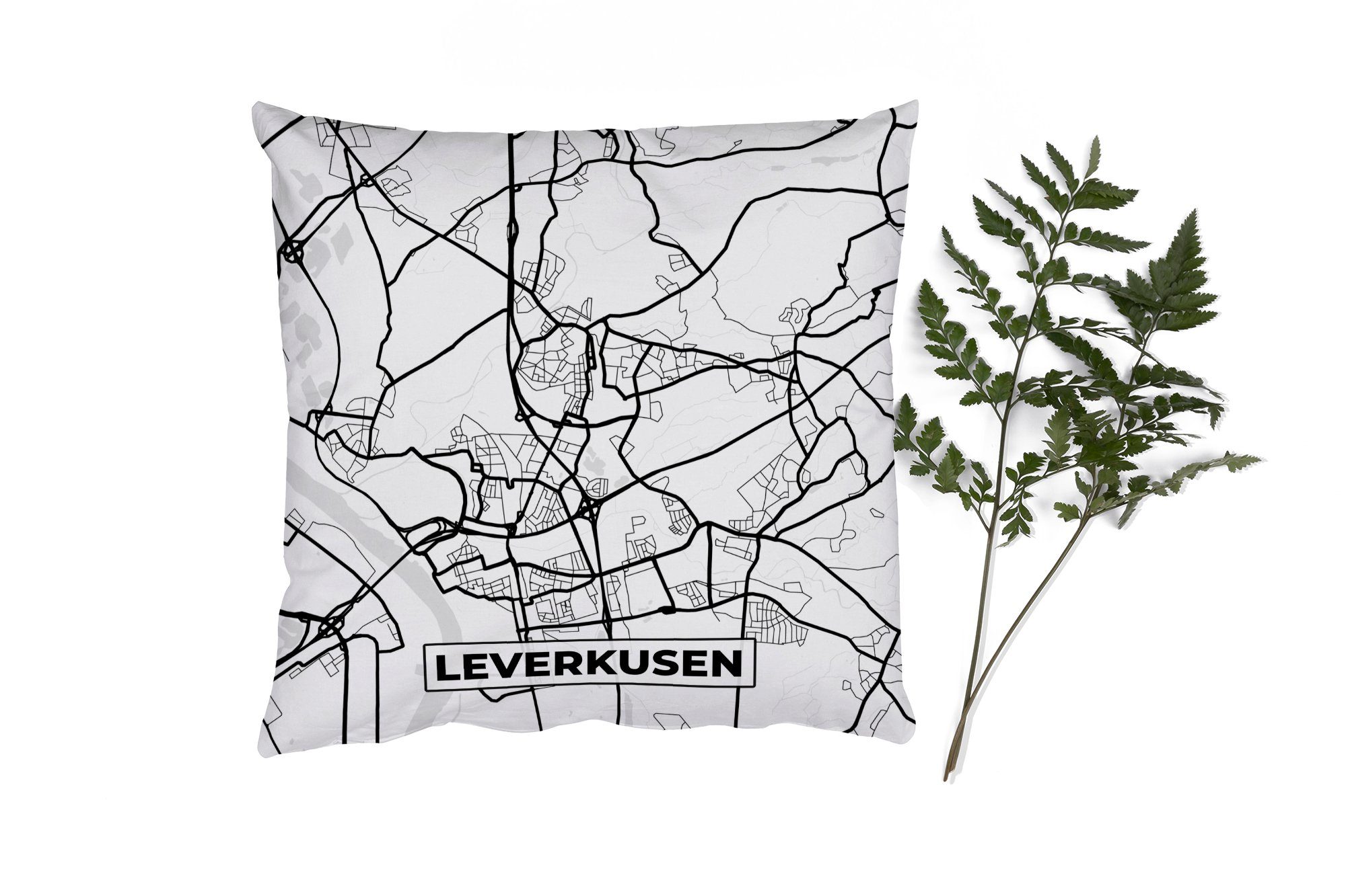MuchoWow Dekokissen Leverkusen - Stadtplan - Karte, Zierkissen mit Füllung für Wohzimmer, Schlafzimmer, Deko, Sofakissen