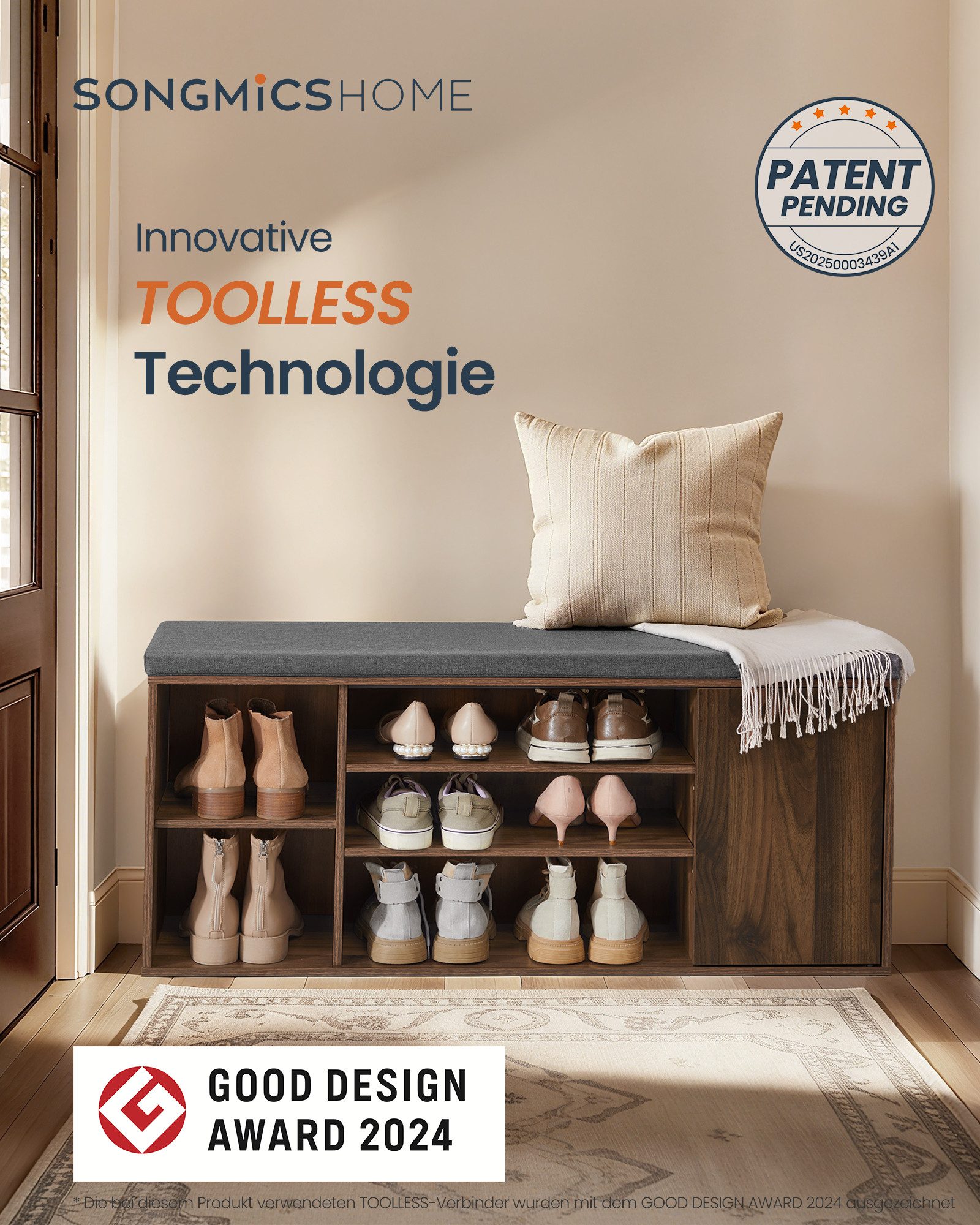 SONGMICS HOME Schuhbank Sitzbank mit Stauraum, offene Fächer, verstellbar, Schuhschrank, Toolless-Technologie, superschnelle werkzeuglose Montage – Bild 2 von 5