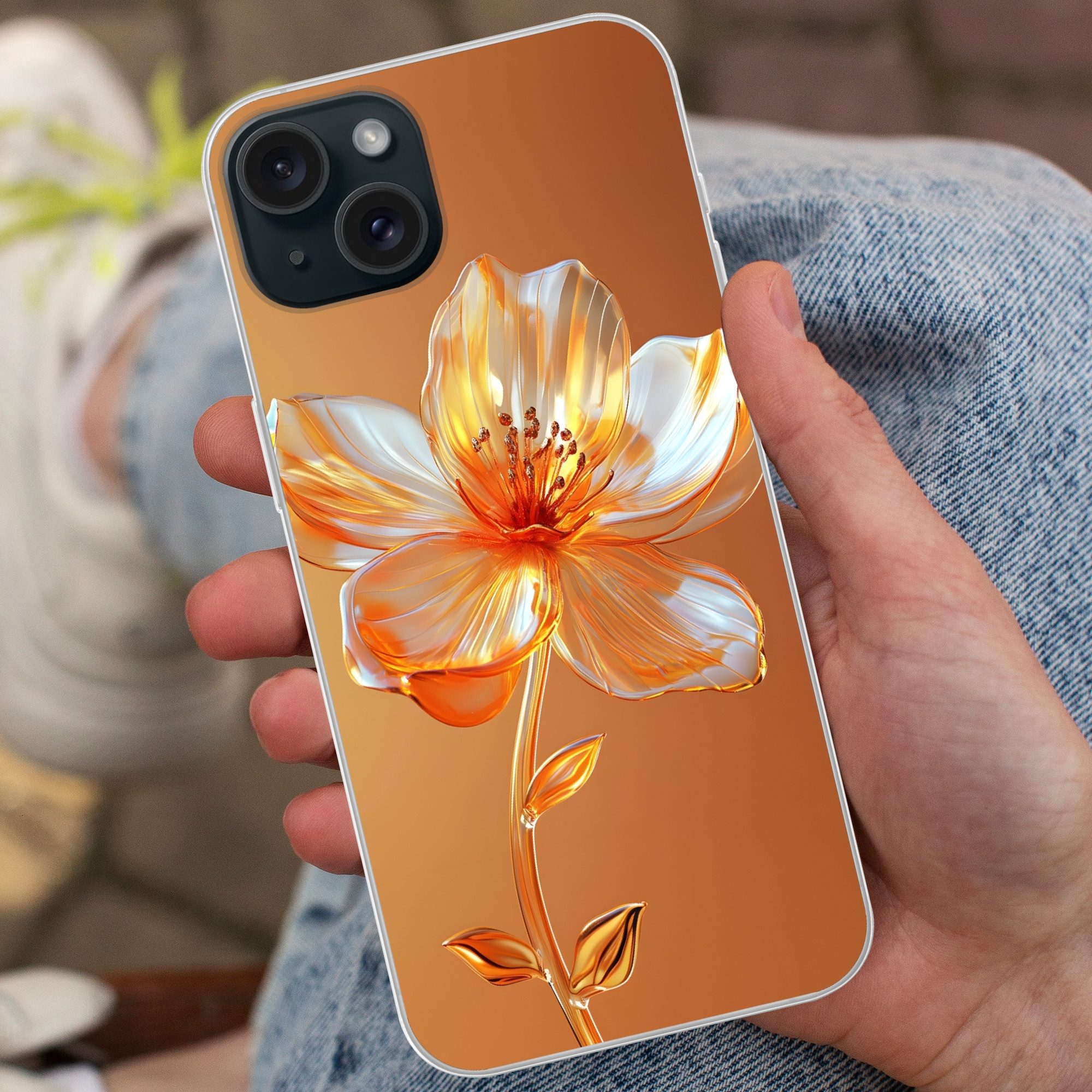 MuchoWow Handyhülle für Apple iPhone 15 Plus Gläser - Blume - Orange, Smartphone-Bumper, Print, Handy Schutzhülle Dünn