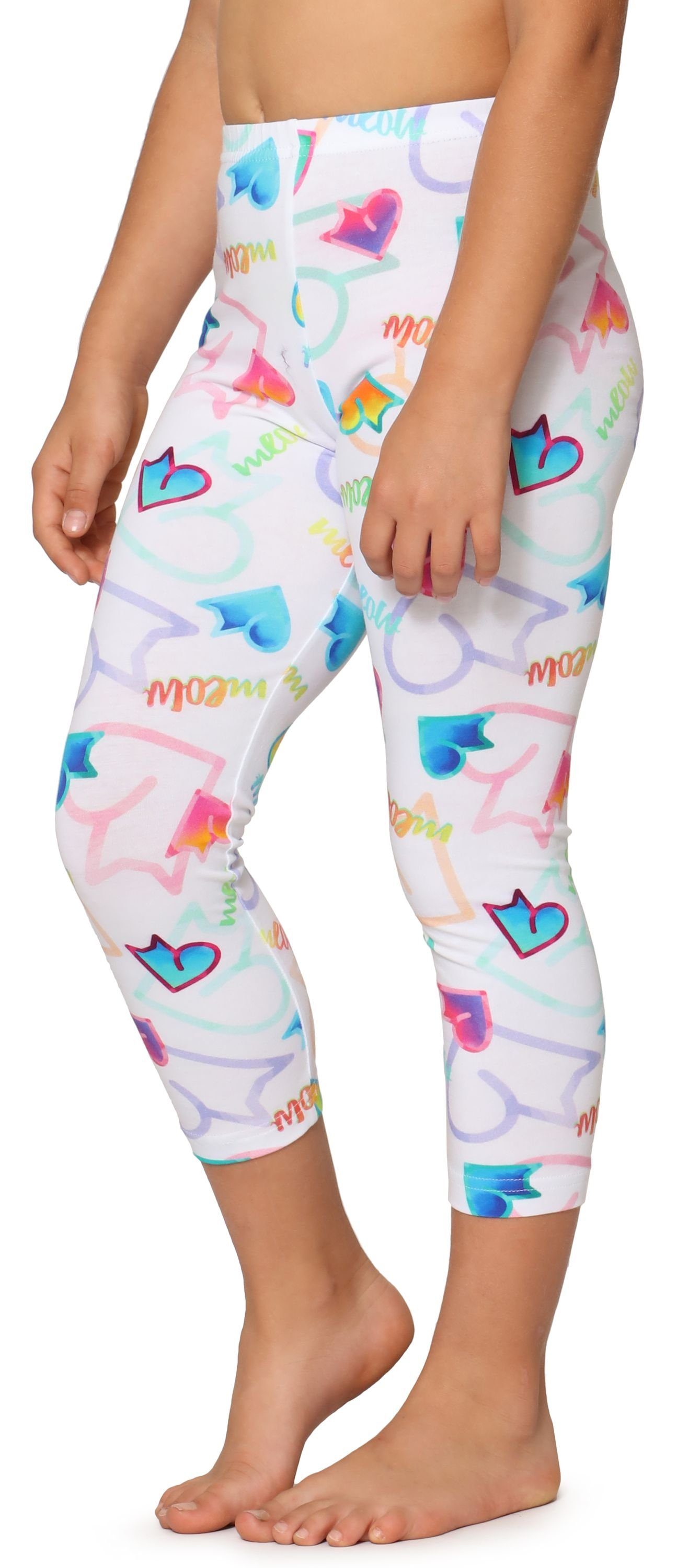 Bund Leggings Leggings Capri Merry Style (1-tlg) Weiß/Herzen/Meow Mädchen 3/4 elastischer MS10-405