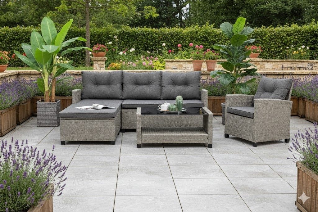 Gardissimo Gartenlounge-Set Turin Lounge / Gartenmöbelset / Polyrattan, (Set, 3-tlg., Ecklounge, Tisch, Sessel, inkl. Auflagen), UV-beständig