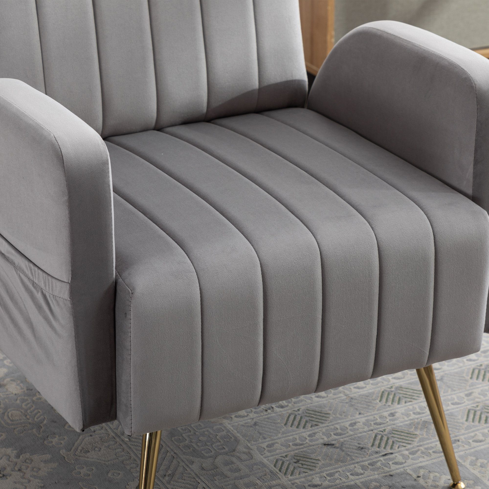 WISHDOR Loungesessel Sessel Relaxsessel Fernsehsessel goldenen grau Samt, mit mit eitentaschen, Polsterstuhl, Füßen