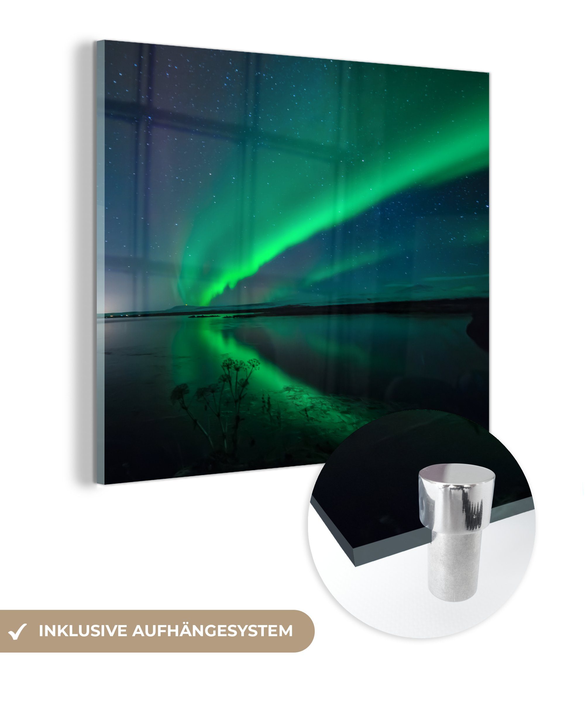 MuchoWow Acrylglasbild Nordlicht - Island - Sternenhimmel - Grün - Wasser, (1 St), Glasbilder - Bilder auf Glas Wandbild - Foto auf Glas - Wanddekoration bunt