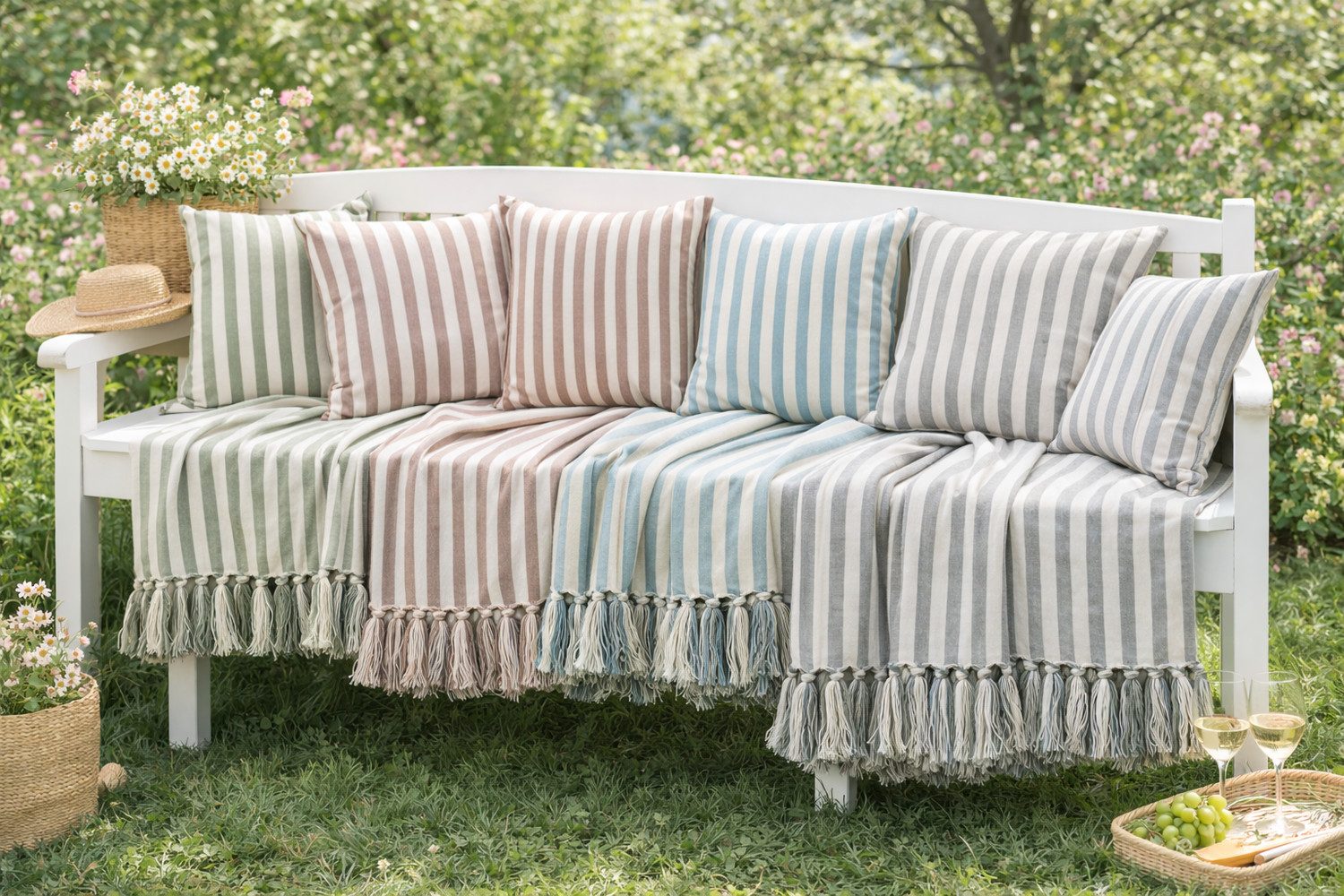 Wohndecke Türkis Streifen, AU Maison, Gestreift 100 % Baumwolle mit Fransen 130x180 cm