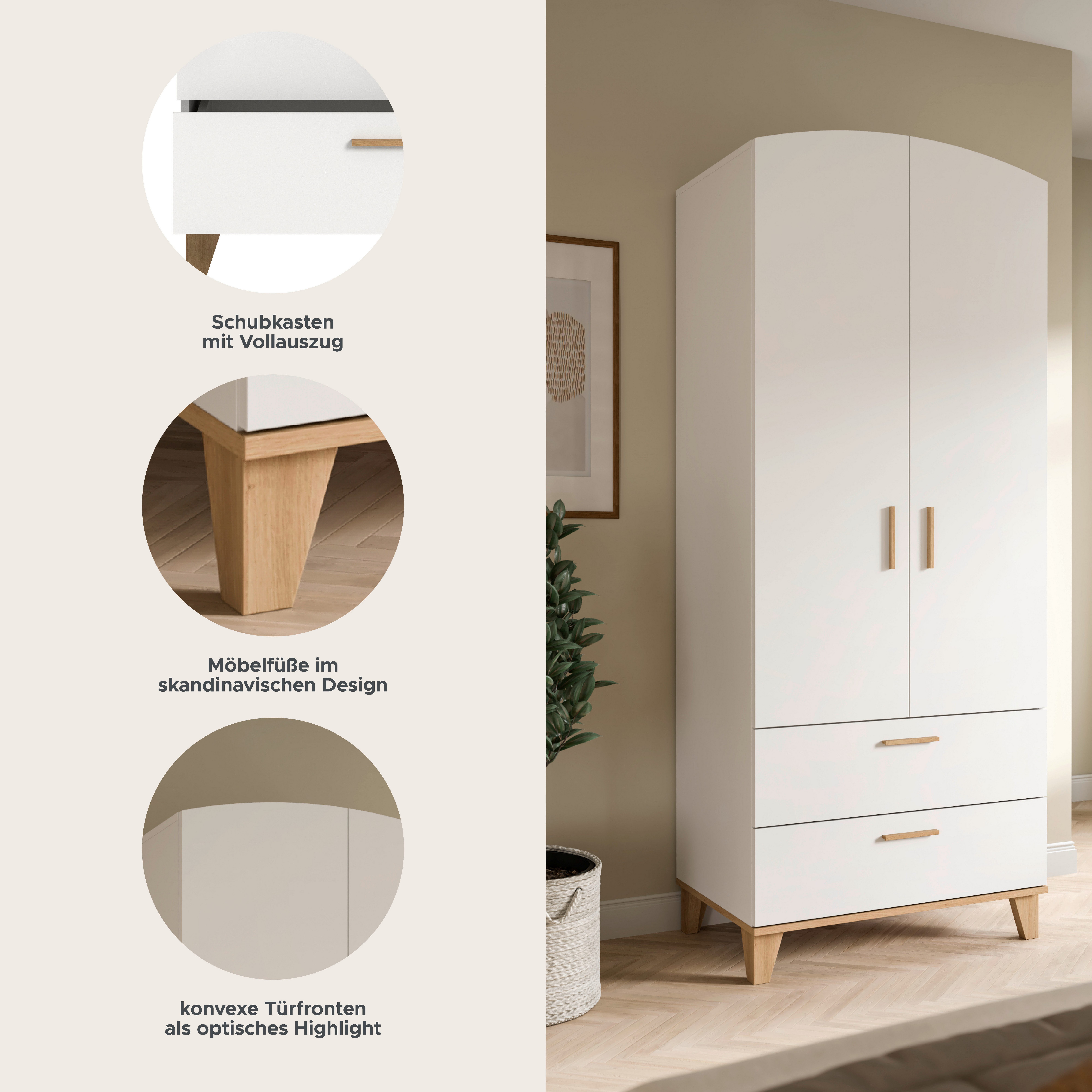 Home affaire Kleiderschrank LASSE, Schlafzimmerschrank, Garderobe, Schrank (1-St., in verschiedenen Breiten erhältich, im Scandi-Look) 2 Türen, 2 Schubkästen, 1 Konstruktionsboden, 1 Kleiderstange