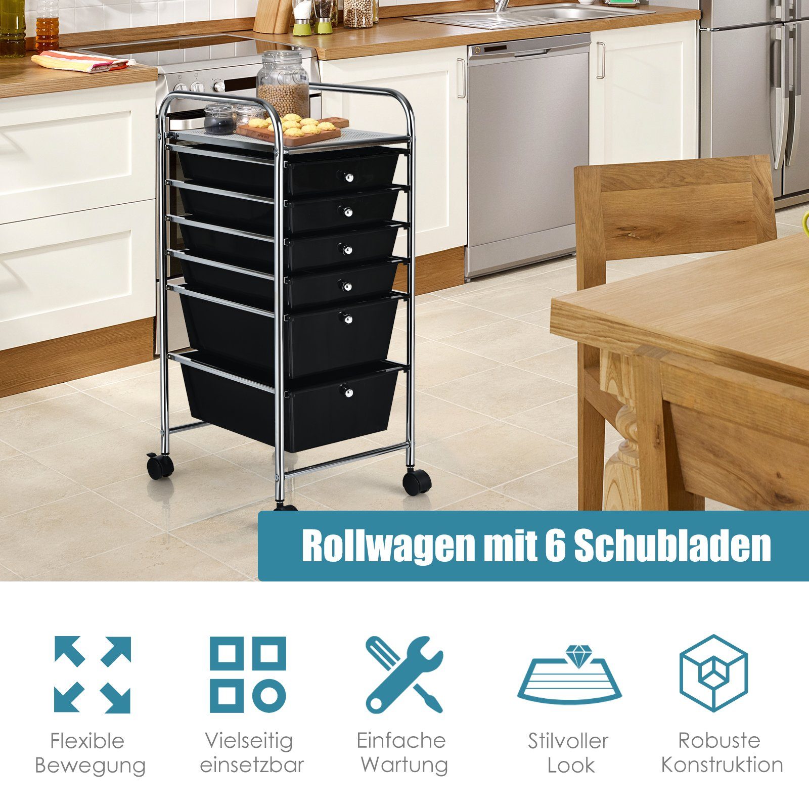 COSTWAY 6 stapelbaren mit Schwarz Rollwagen, Schubladen, Metallgestell