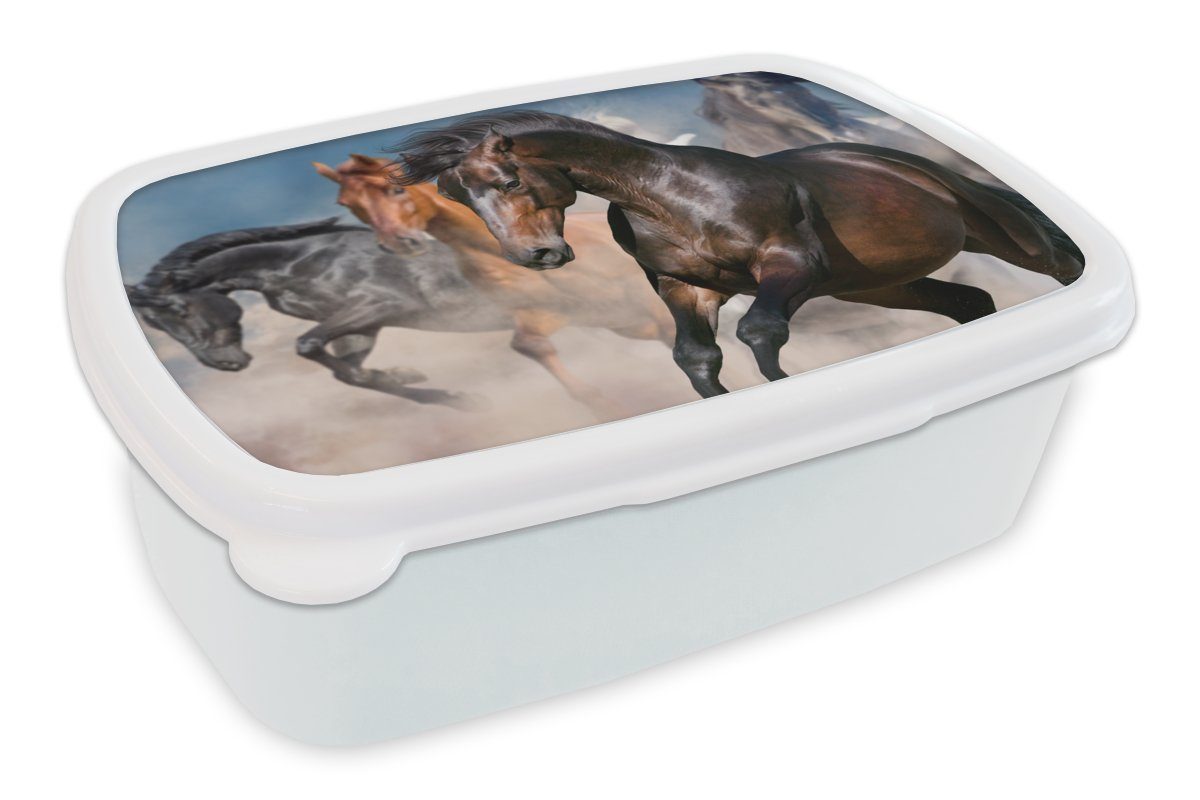 MuchoWow Lunchbox Pferde - Stoff - Wüste, Kunststoff, (2-tlg), Brotbox für Kinder und Erwachsene, Brotdose, für Jungs und Mädchen weiß