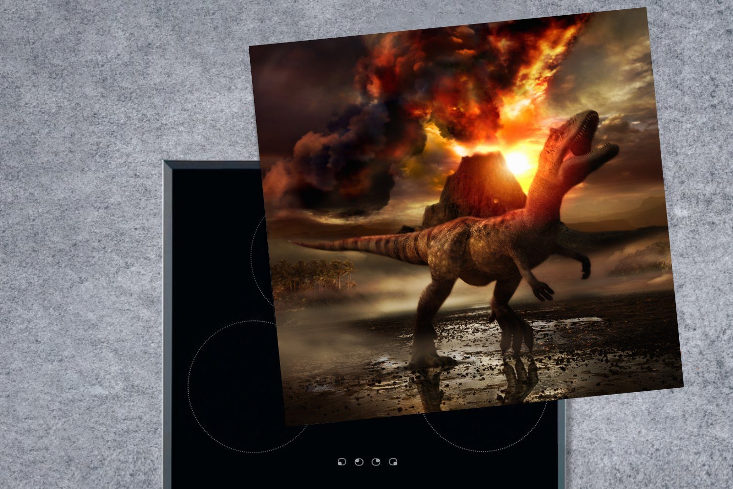(1 - MuchoWow Feuer, für Dinosaurier tlg), Vulkan Vinyl, küche Herdblende-/Abdeckplatte cm, - Ceranfeldabdeckung, Arbeitsplatte 78x78