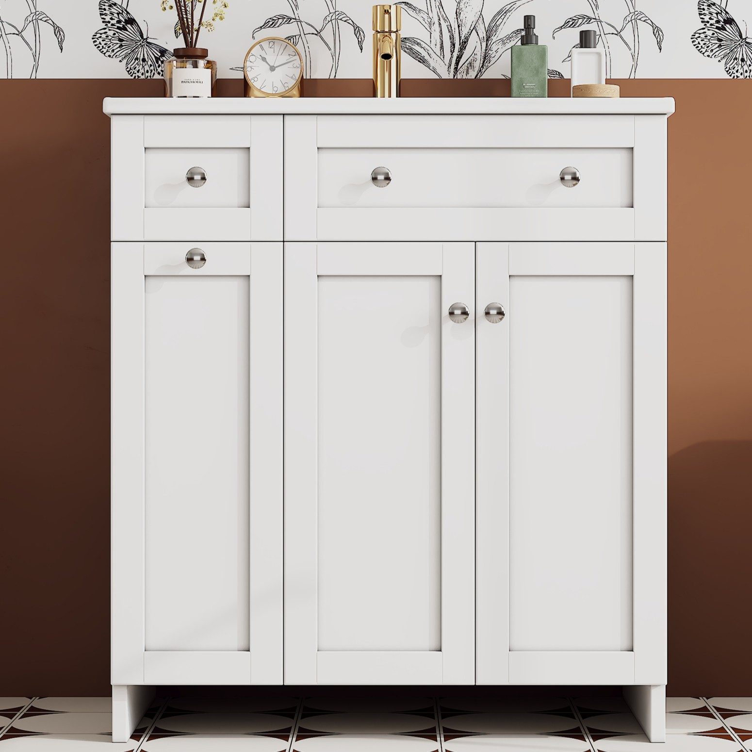 Flieks Waschtisch mit ausziehbarer Ablagen Waschbeckenunterschrank mit Waschbecken (B76/T47/H86 cm, 1-St., bodenstehend, Badschrank Waschplatz Badzimmer, lackie – Bild 2 von 5