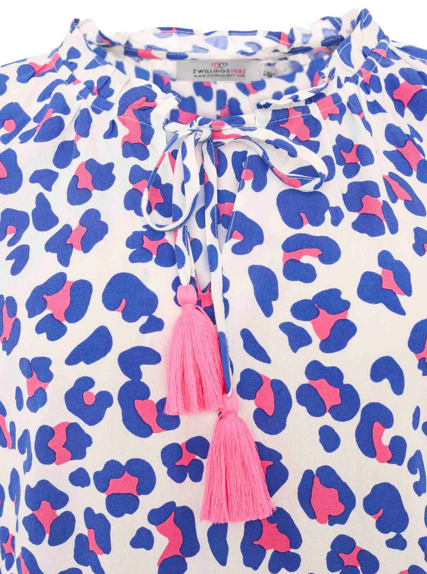 Zwillingsherz Schlupfbluse "Colorful Leo" Animal-Muster, Langarm, Tasseln, V-Ausschnitt, Viskose