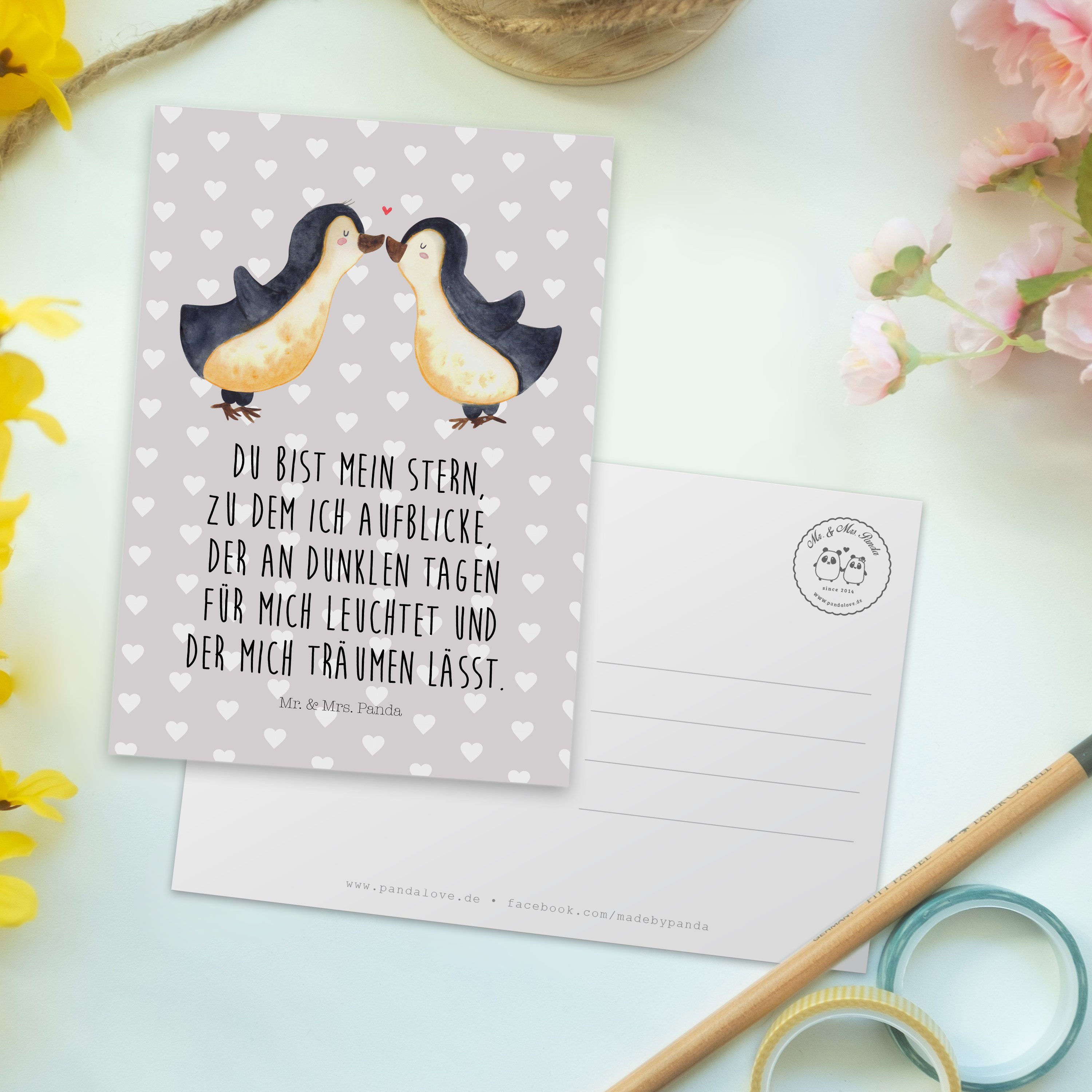 Pinguin Mr. - Gru - Mrs. & Heiratsantrag, Liebe Pastell Geschenk, Panda Postkarte Freundin, Grau
