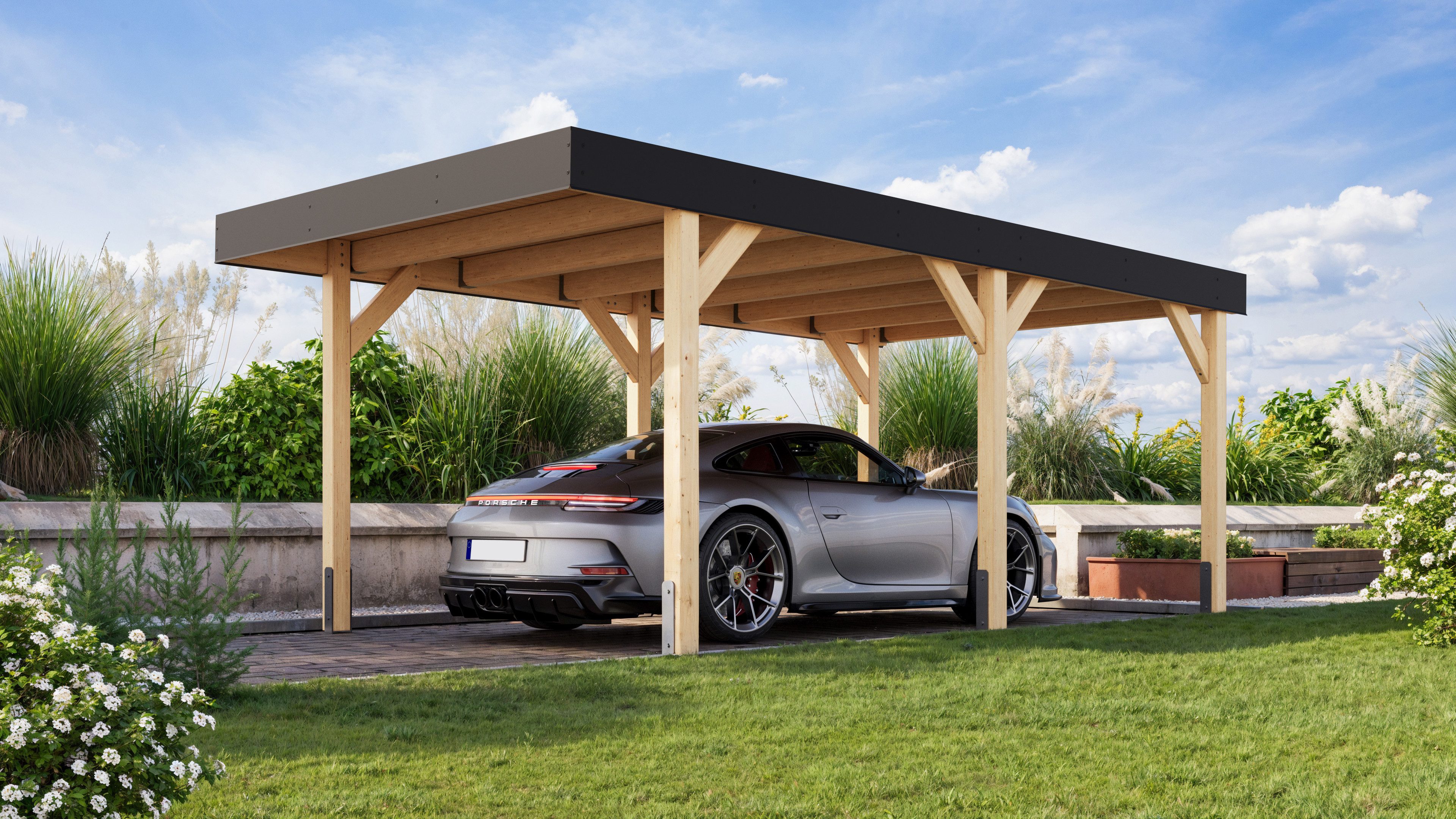 Karibu Einzelcarport aus kesseldruckimprägniertem Massivholz, BxT: 312,5x487 cm, 211,5 cm Einfahrtshöhe, schützt das Fahrzeug das ganze Jahr über vor Witterungseinflüssen