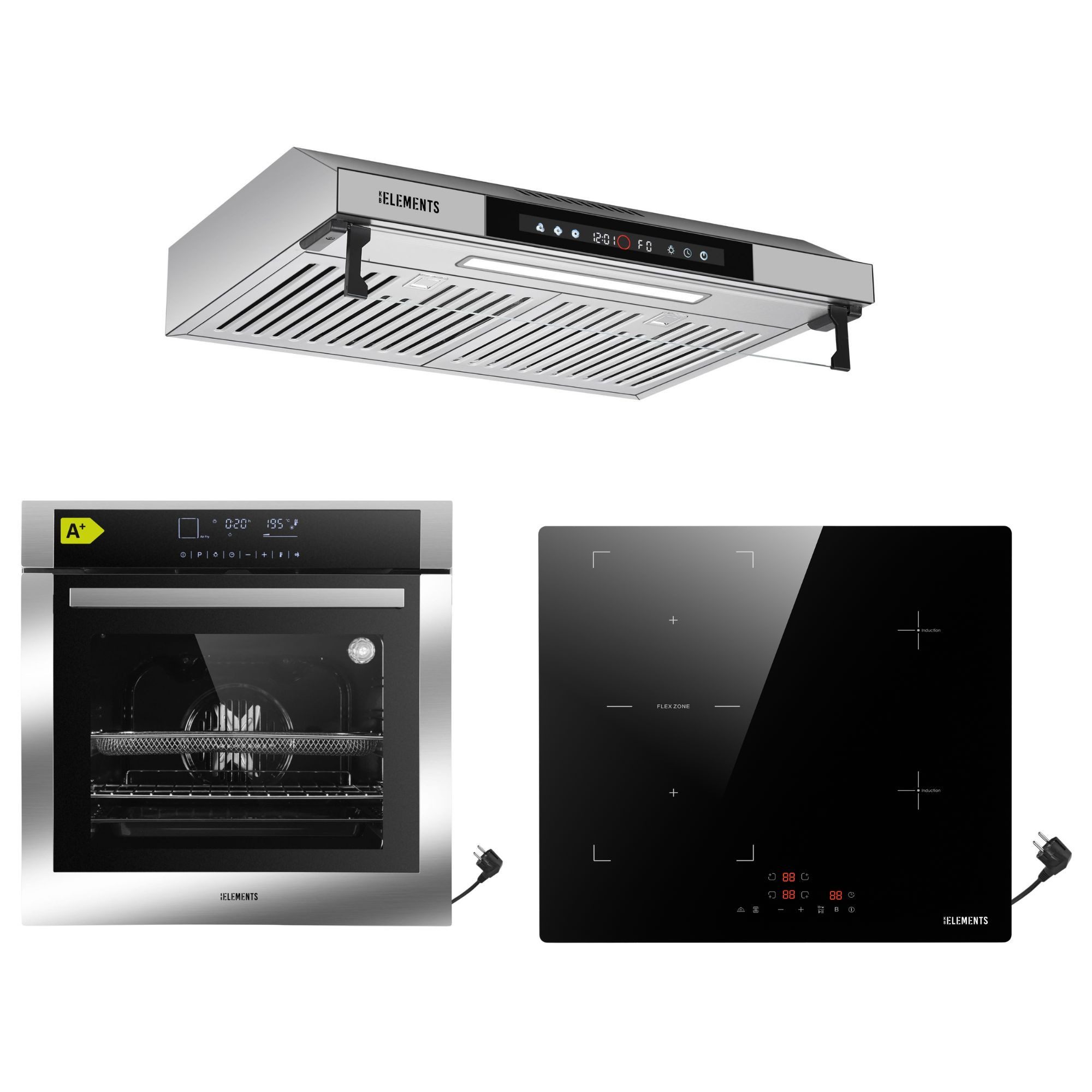 KB Elements Induktions Herd-Set Einbaubackofen 60 cm mit 4-Zonen Induktionskochfeld 60cm, mit 2-fach-Teleskopauszug, AQUA CLEAN, Backofen Full Touch mit 15 Funktionen, Schuko-Anschluss (EU-Stecker)
