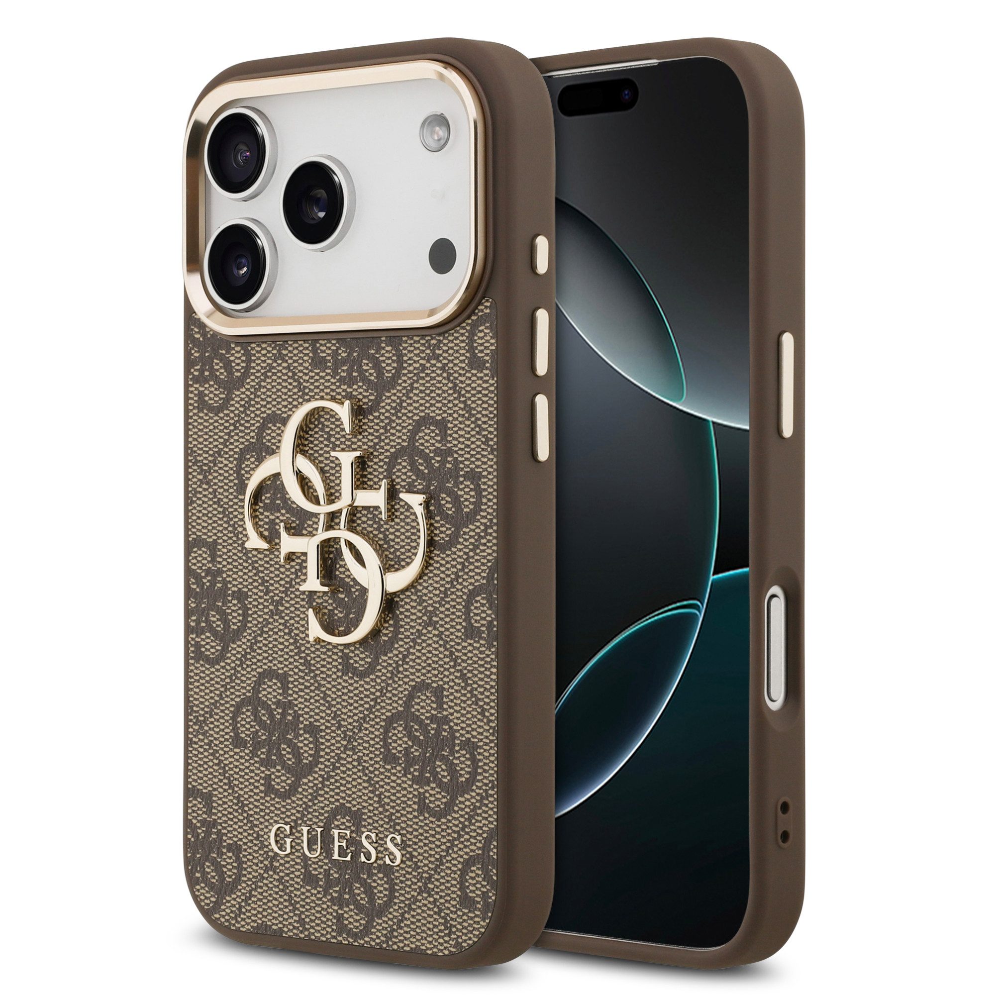 Guess Handyhülle GUESS Case für iPhone 17 Pro Metal Logo Gold Hülle Cover Braun