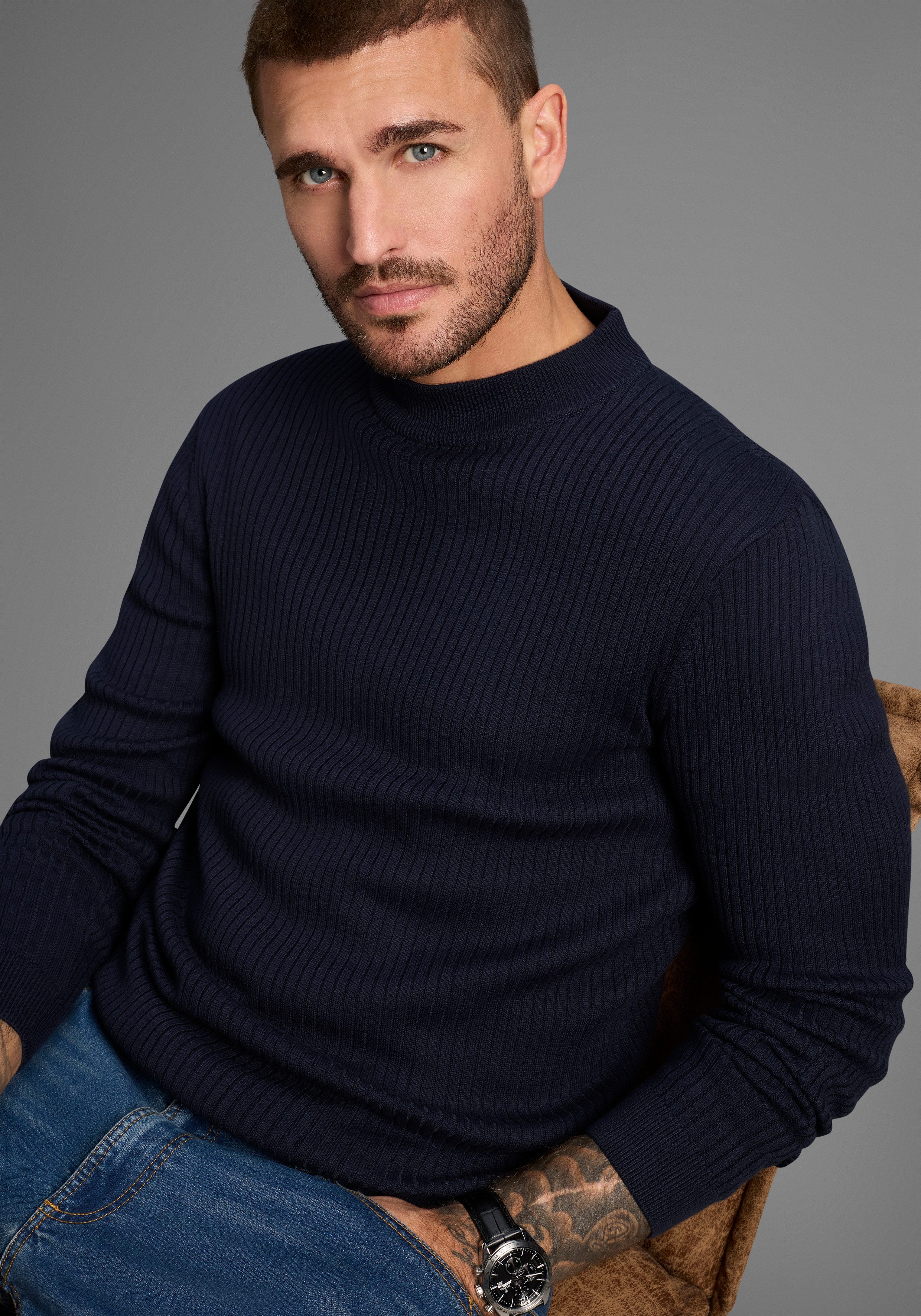 Bruno Banani Stehkragenpullover in Rippstrickoptik günstig online kaufen