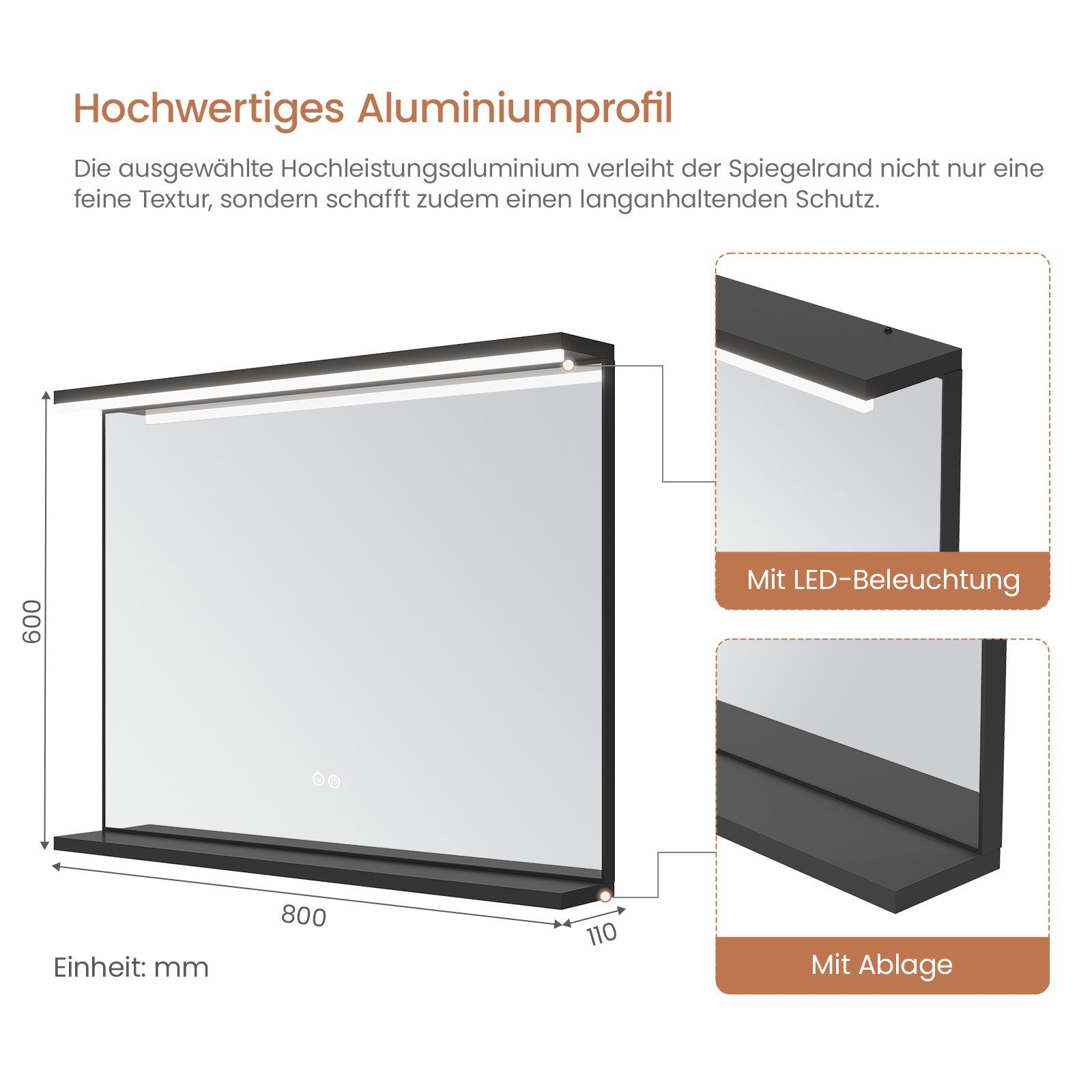 AQUABATOS Wandspiegel LED Spiegel Badezimmerspiegel schwarzer Badspiegel mit Beleuchtung, Lichtspiegel mit Energiesparmodus, Mattschwarzer Aluminiumrahmen