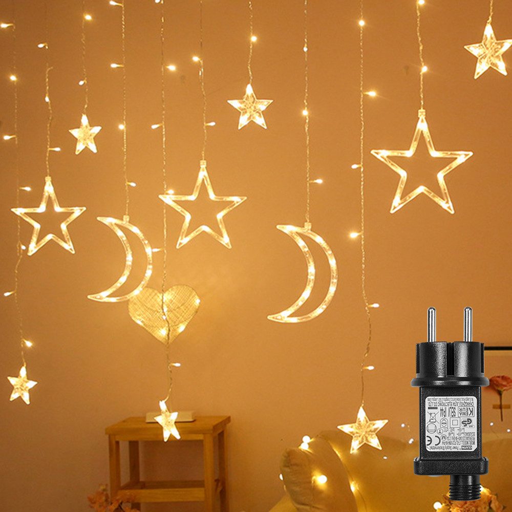 SERBASIC Lichterkette 3.5M Sterne Mond Lichtervorhang mit Stecker, 8 Modi, Timer, 31V, Für Fenster Garten Außen Weihnachtsdeko, Warmweiß & Mehrfarbig