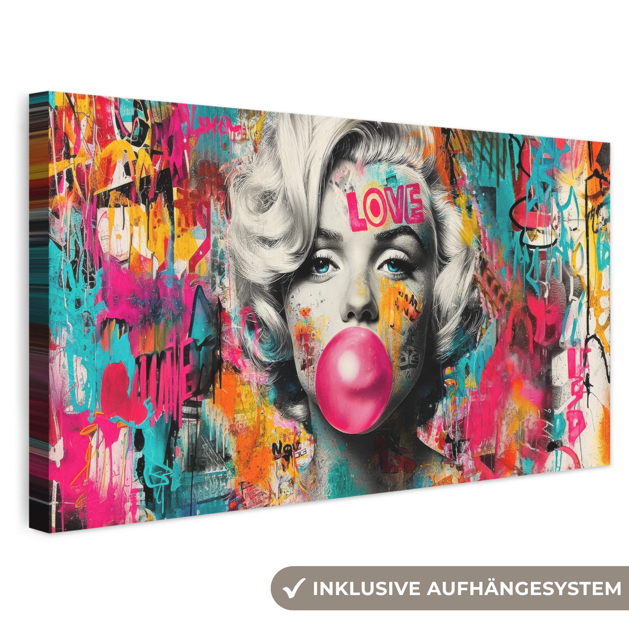 OneMillionCanvasses® Leinwandbild Panorama Frau - Kaugummi - Graffiti - Neonfarben, Fotodruck (1 St), Wandbild, Deko Schlafzimmer Wohnzimmer Flur 40x20 cm