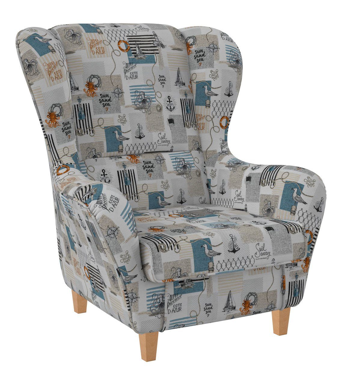 Côte Design Relaxsessel mit Hocker, Supellex D'Azur Sofia, Patchwork Ohrensessel