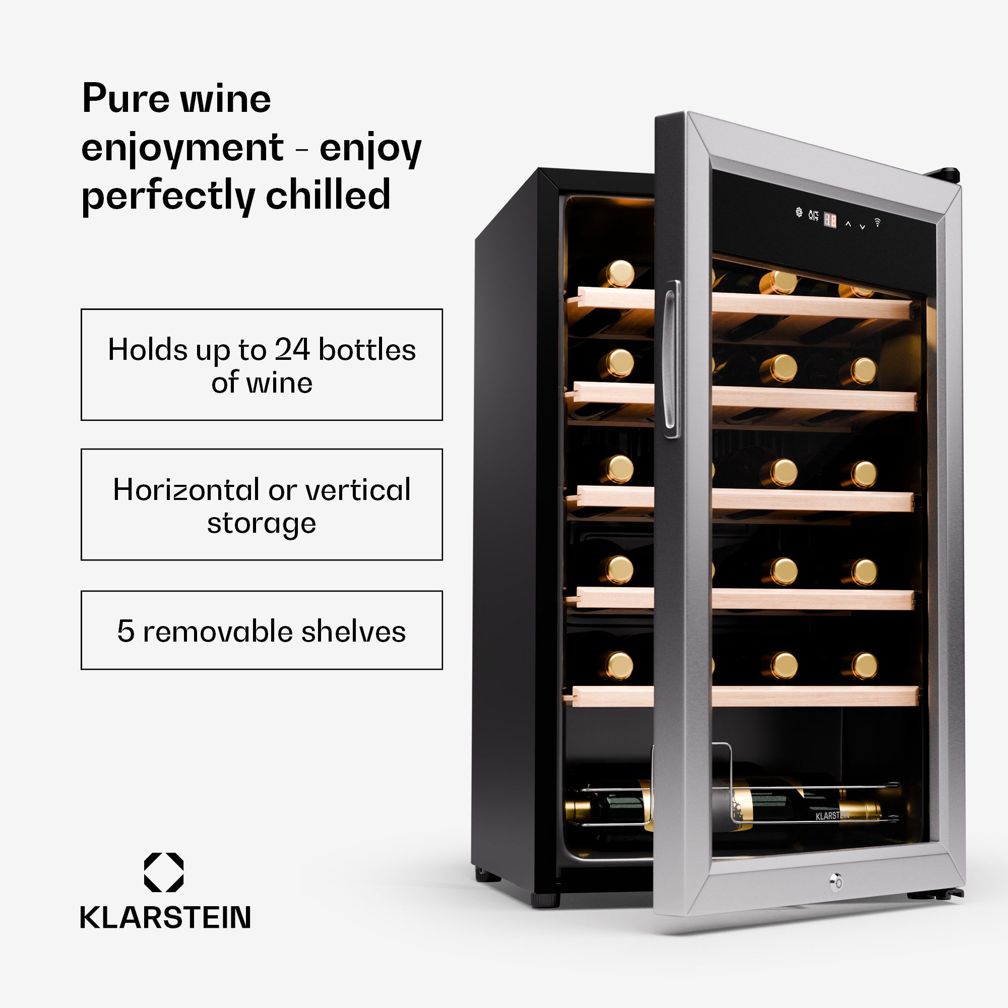 Klarstein Weinkühlschrank Shiraz Premium Smart 24 Weinkühl 24 Fl 5-18°C Touch WiFi LED Chrom, für 24 Standardflaschen á 0,75l,Flaschenkühlschrank Weintemperierschrank Weinschrank