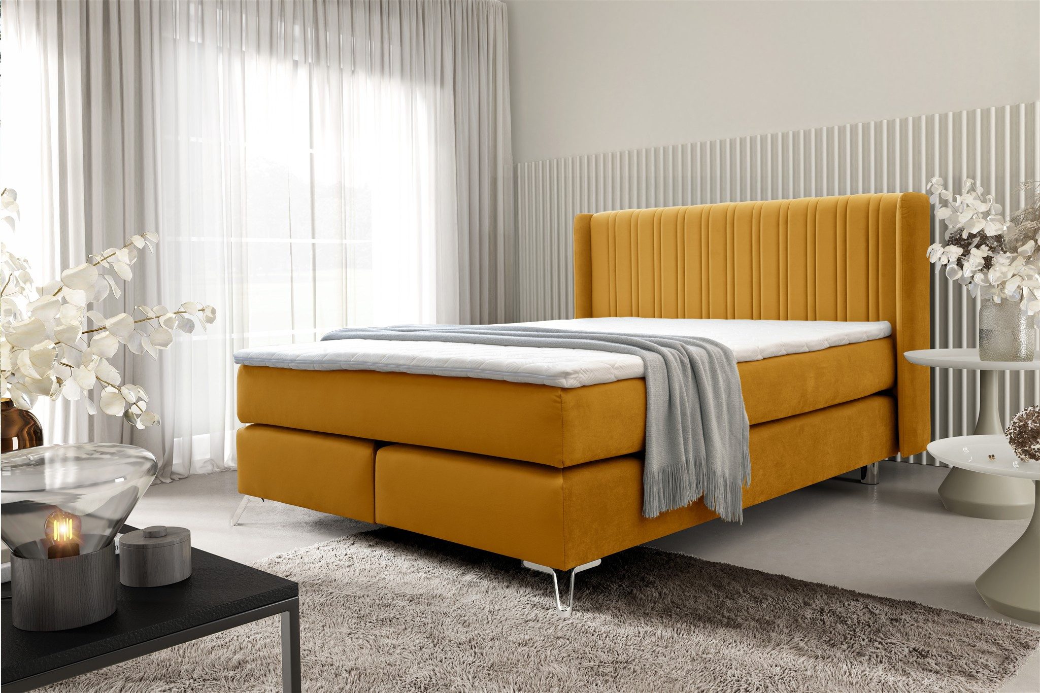 Fun Möbel Boxspringbett Schlafzimmerbett FUN ADORA in Stoff Salvador (inkl. Topper, Metallfüße (Höhe: ca. 13 cm), Kopfteil trendig gerundet