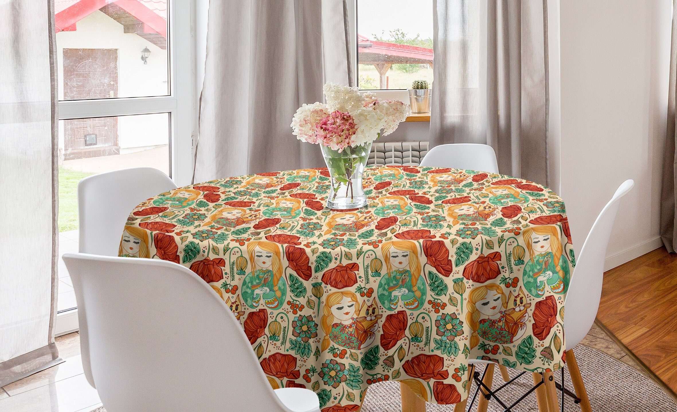 Dekoration, Vögel Abdeckung Katzen Tischdecke Abakuhaus und Blumen für Esszimmer Küche Mädchen Tischdecke Kreis