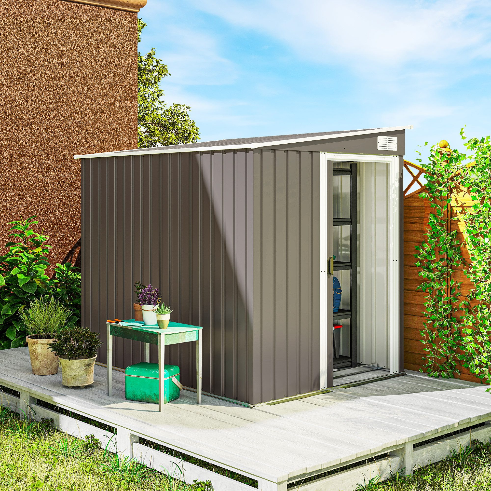 Outsunny Gerätehaus Gartenschuppen aus Metall, BxT: 154x206.5 cm, (Geräteschuppen, 1 St., Gartenhaus), Schiebetür, Belüftung, Stahl, Regale, Hellgrau