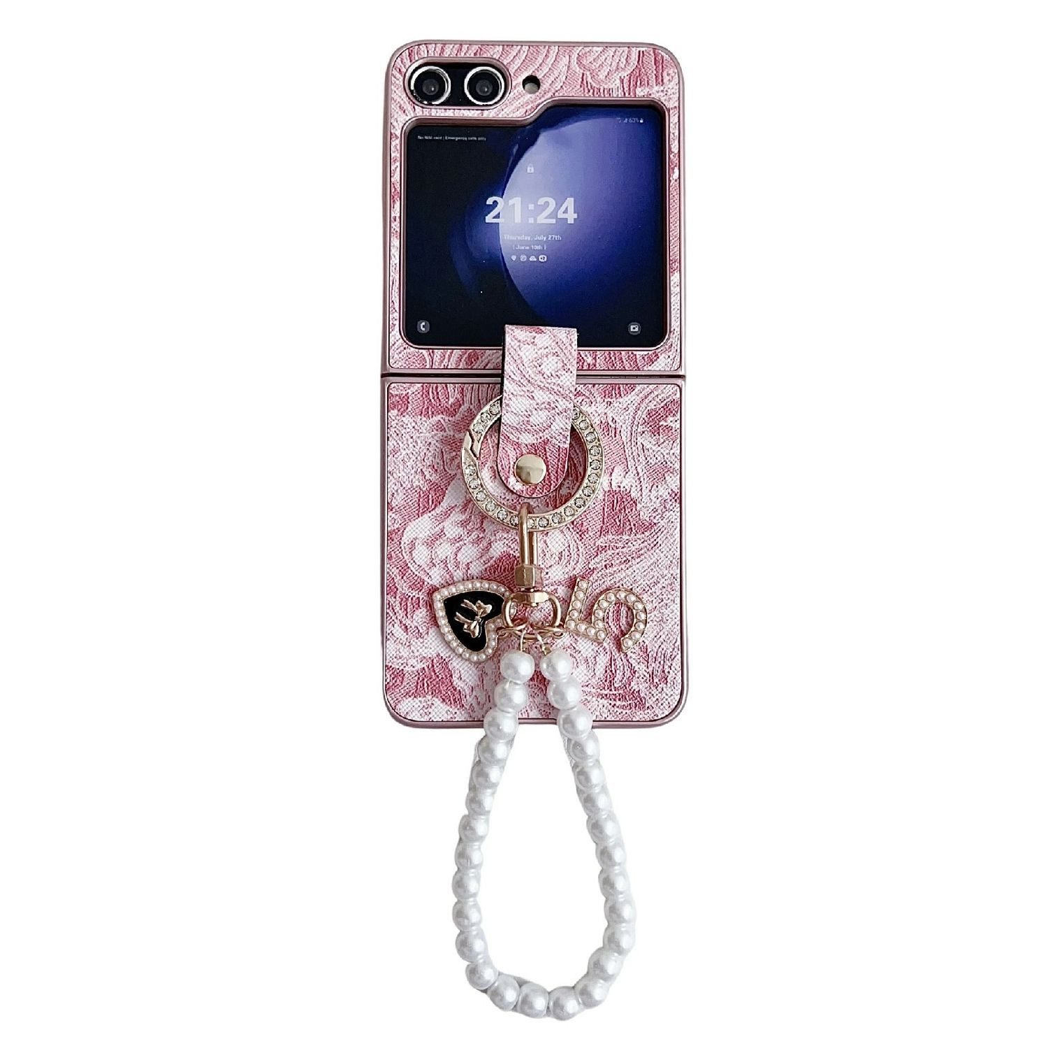 Wigento Handyhülle Für Samsung Galaxy Z Flip7 FE / Flip6 5G Stick Hülle Ringperlenkette