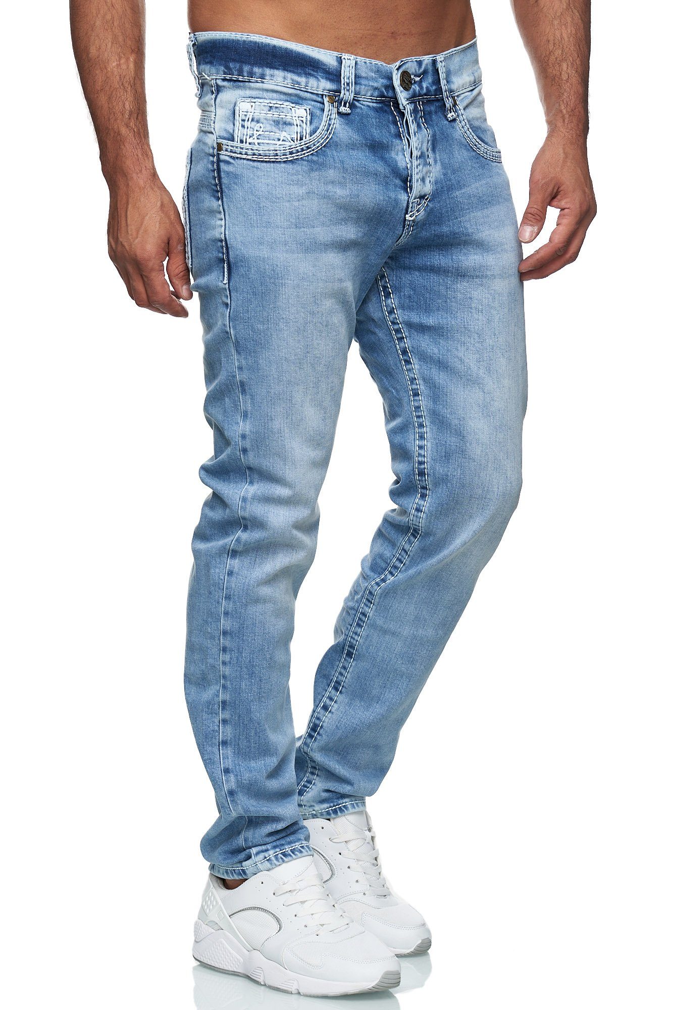 Baxboy Regular-fit-Jeans Herren Jeans Dicke Neon-Naht Straight Fit Denim Stonewashed Stretch 9574 Hellblau