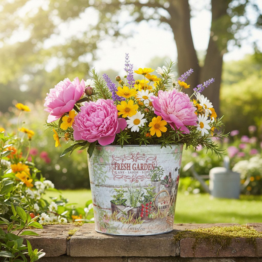 Florists Products Übertopf Vintage Metall Blumentopf Bunt - Garten Balkon Deko 18cm