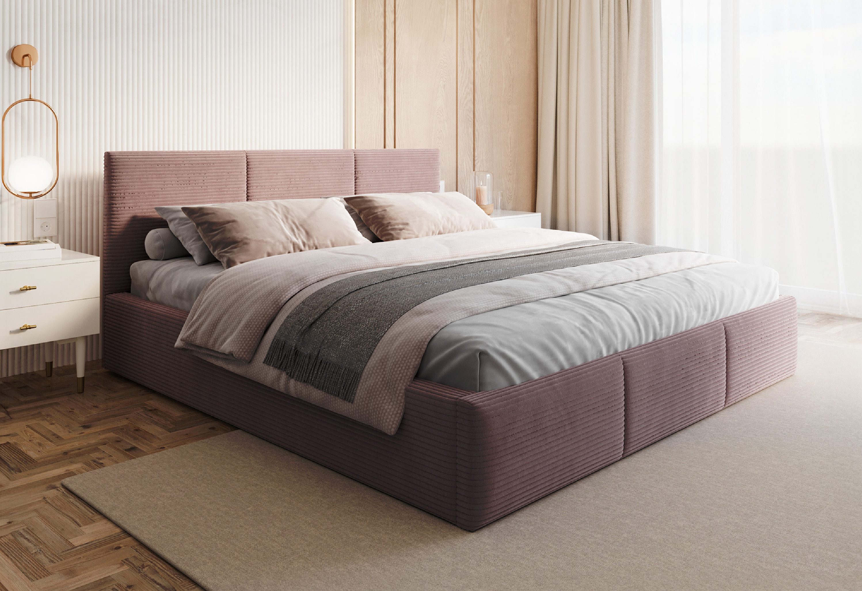 FDM Polsterbett AMBER modern mit Bettkasten MADE IN EU - mit Cord Bezug (verfügbar 90x200 120x200 140x200 160x200 180x200cm, Bettrahmen, Bett, mit großen gepolsterten Kopfteil, mit Bettkasten zum aufklappen), Hebbarer Metallrahmen, Bettkasten, mit/ohne Ma