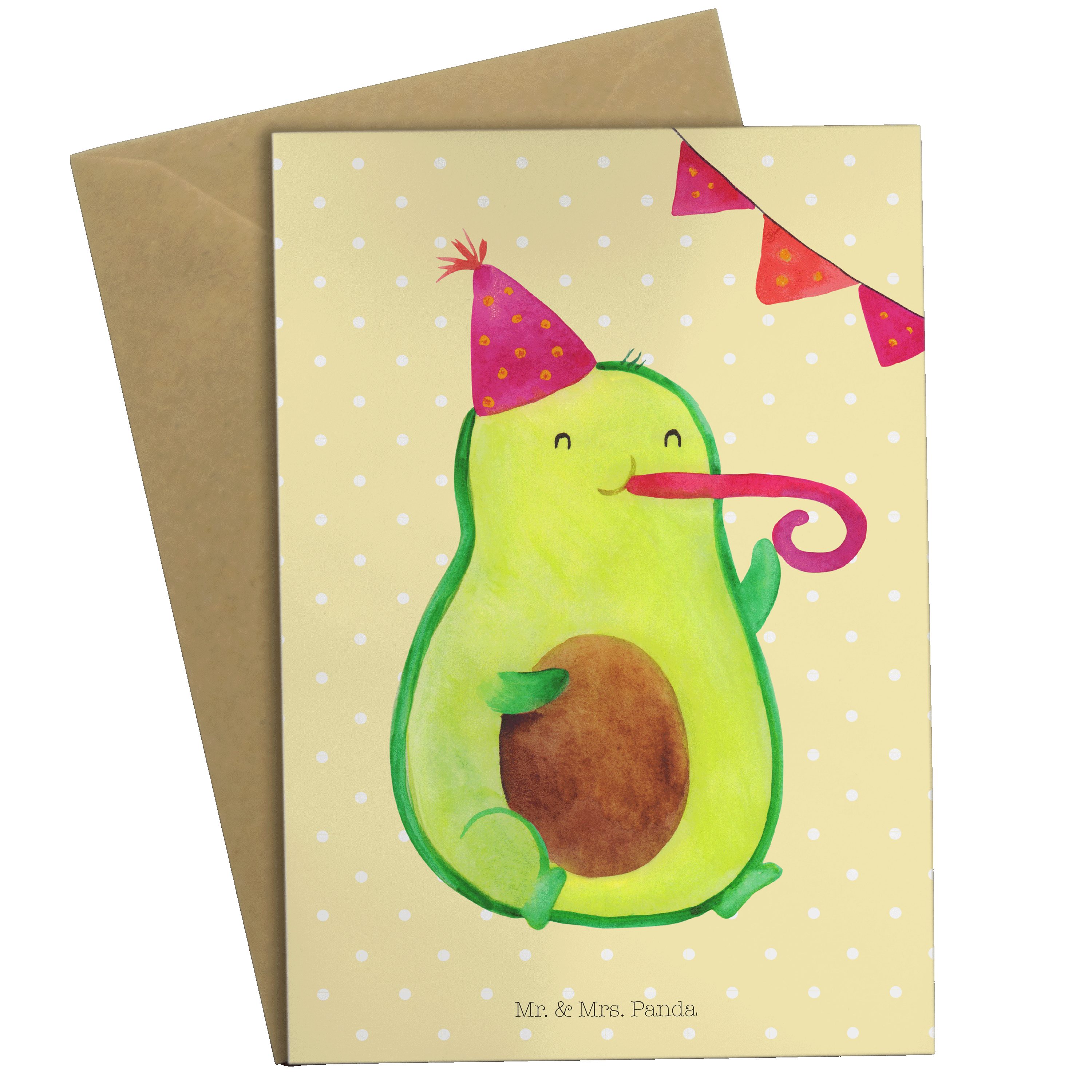 Mr. & Mrs. Panda Grußkarte Avocado Birthday - Gelb Pastell - Geschenk, Frucht, Geburtstagskarte
