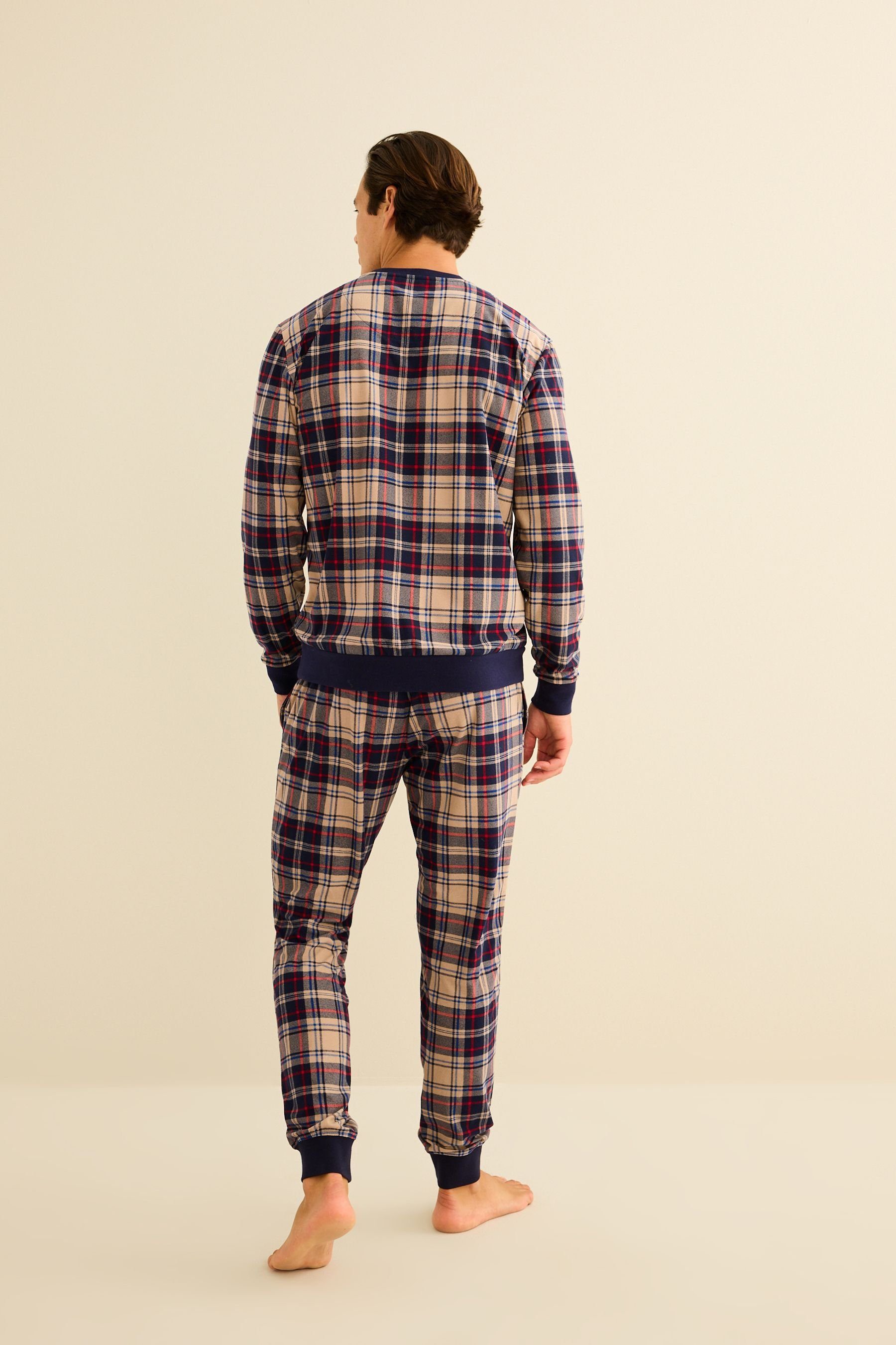 Blue/Neutral Schlafanzug (2 tlg) Next Motionflex Navy Pyjama Bündchen Check Bequemer mit