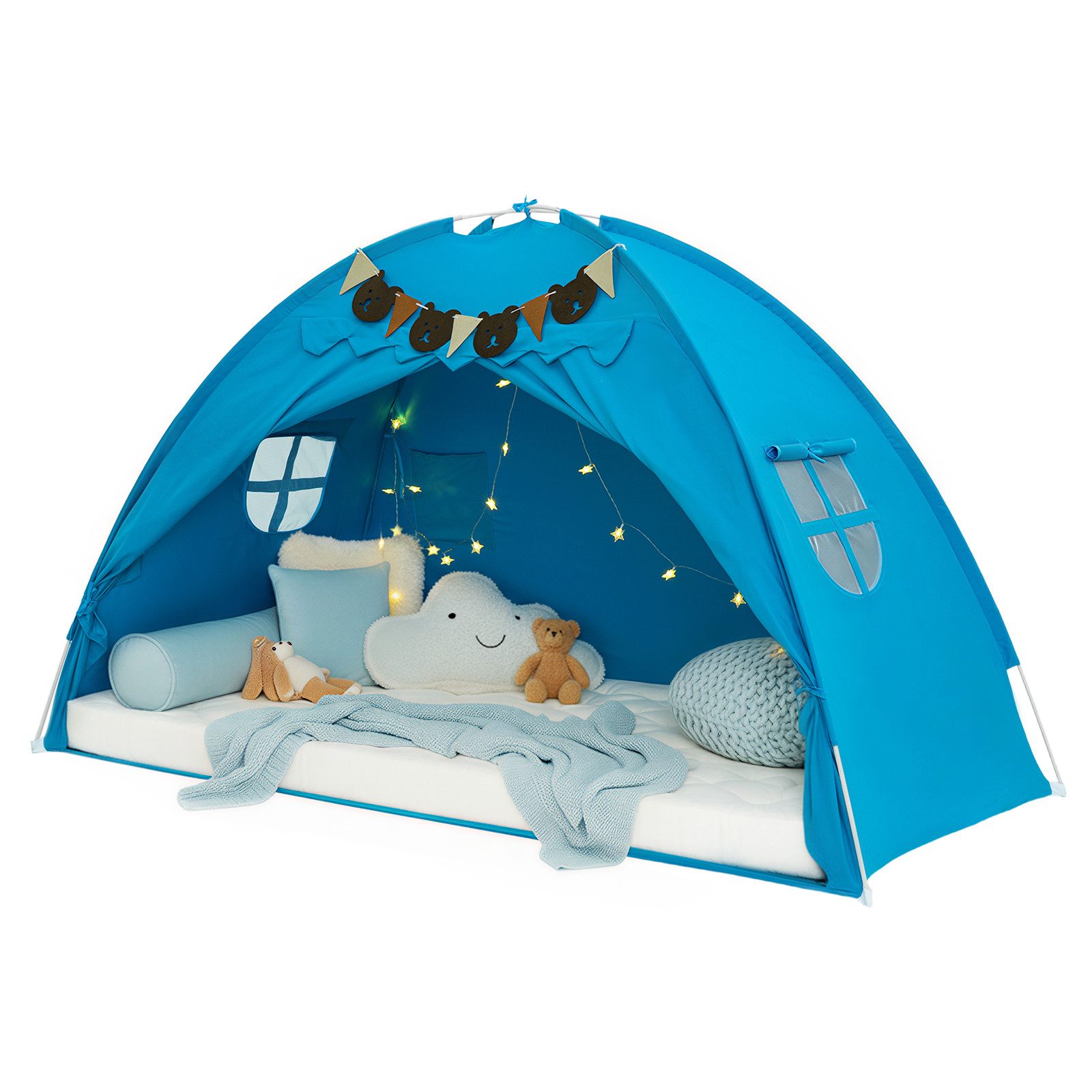 Insma Spielzelt 2 IN 1 Kinder Spielhaus Bettzelt Prinzessin Zelt (Schlosszelt mit Sternen-Lichterkette und Bären-Wimpelkette) 196×124×99cm
